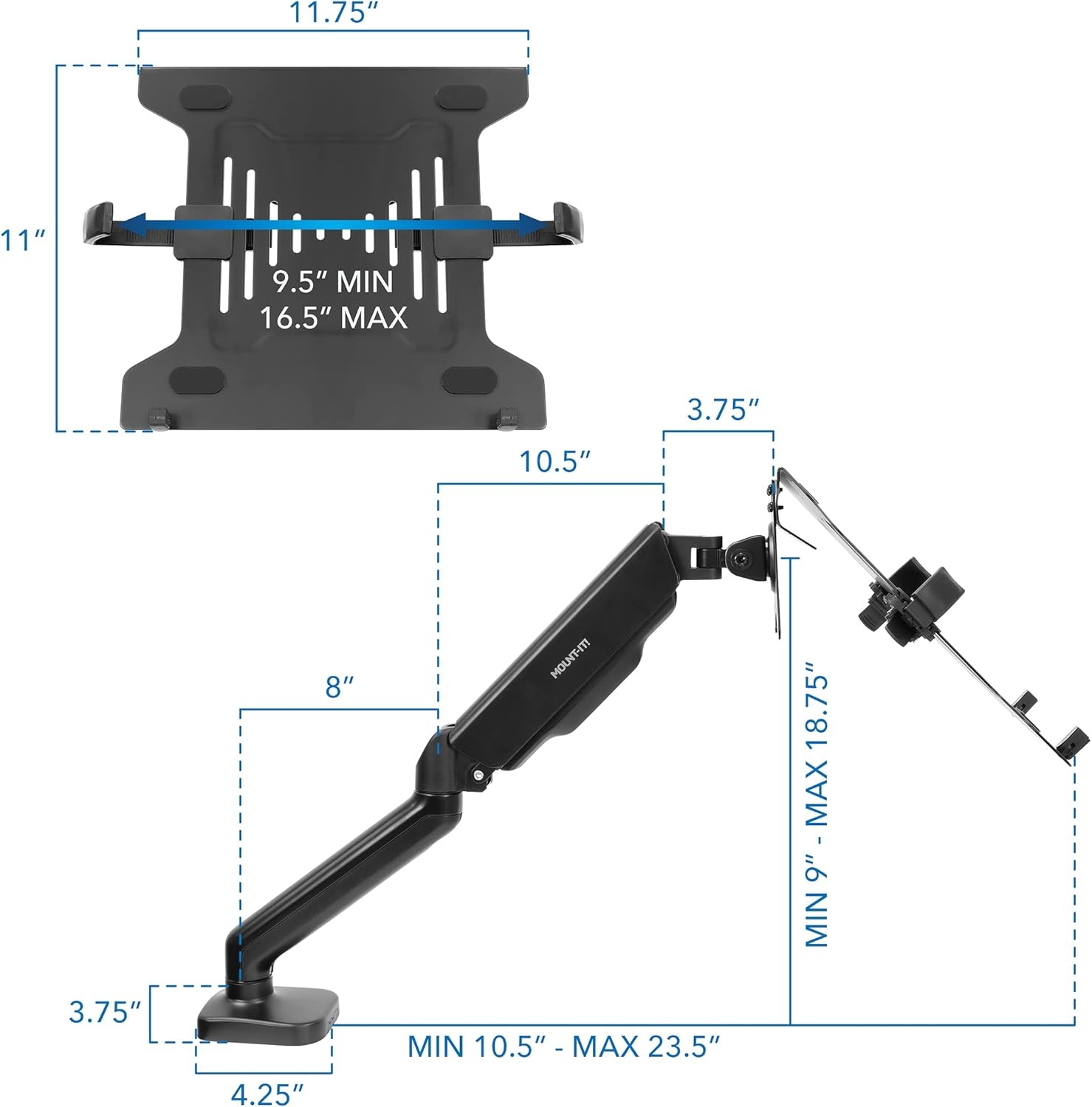 image:imageMountIt Laptop Desk Mount Arm with Gas Spring Height Adjustable Laptop Stand for Desk Fits Laptops up to 17 Inch Full Motion Laptop Tray Mount with Clamp or Grommet InstallationLaptop Arm