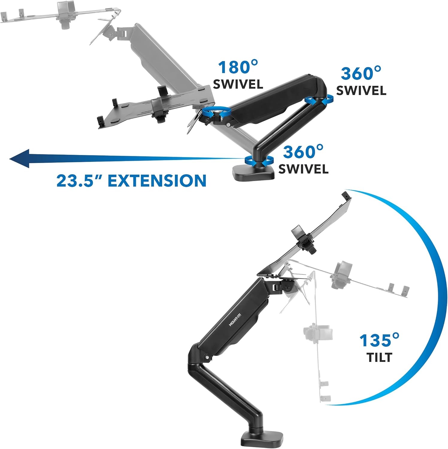 image:imageMountIt Laptop Desk Mount Arm with Gas Spring Height Adjustable Laptop Stand for Desk Fits Laptops up to 17 Inch Full Motion Laptop Tray Mount with Clamp or Grommet InstallationLaptop Arm