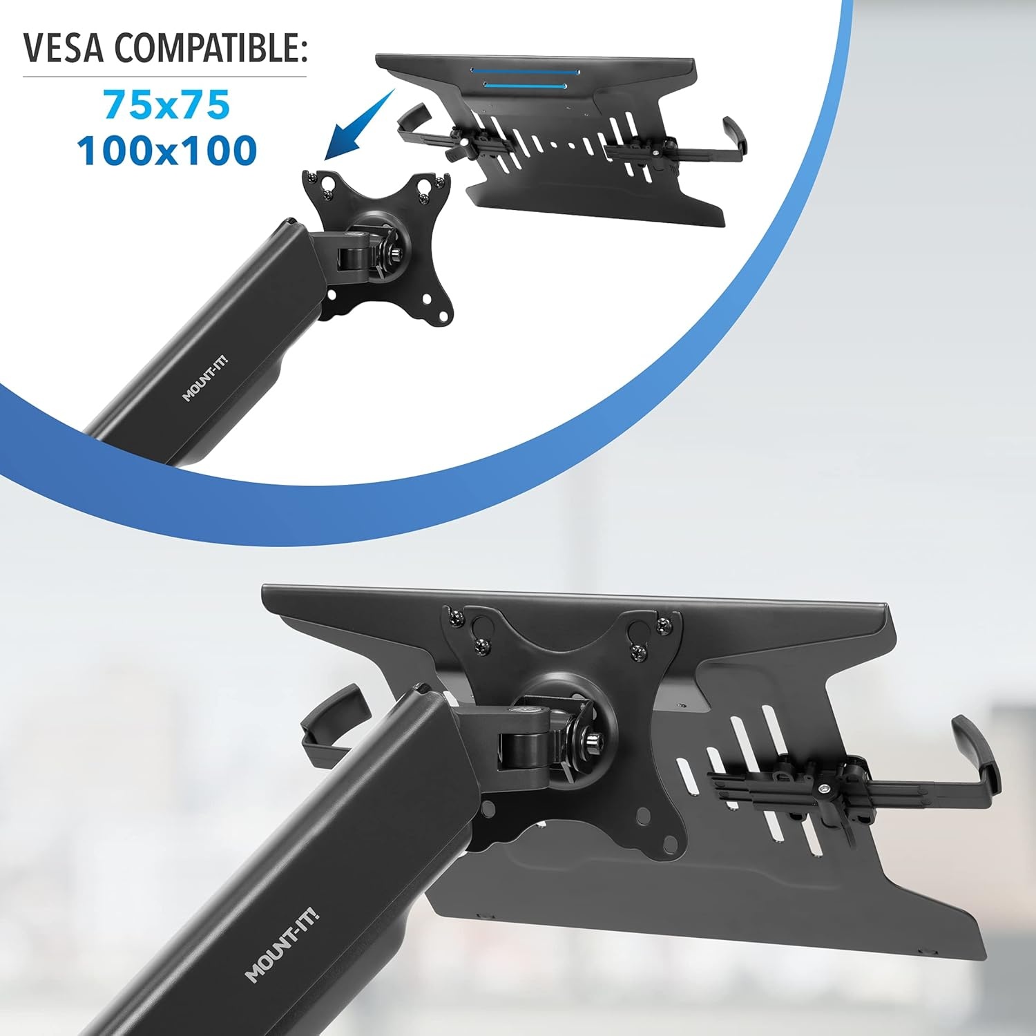 image:imageMountIt Laptop Desk Mount Arm with Gas Spring Height Adjustable Laptop Stand for Desk Fits Laptops up to 17 Inch Full Motion Laptop Tray Mount with Clamp or Grommet InstallationLaptop Arm