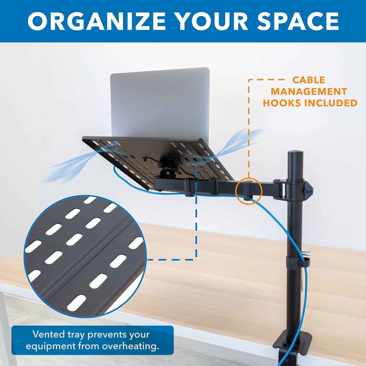 image:imageMountIt Laptop Desk Mount Fully Adjustable Ergonomic Laptop Arm with Vented Tray Cable Management Clamp and Grommet Base Fits Laptops up to 17 Inches BlackBlack