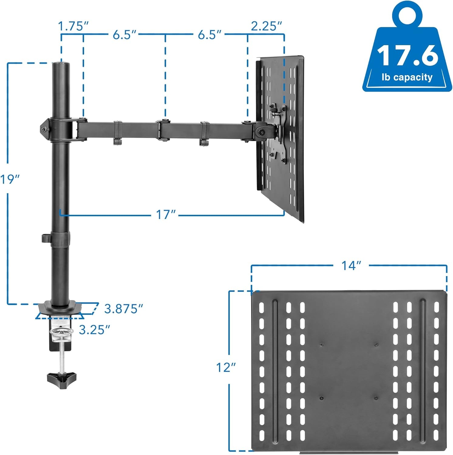image:imageMountIt Laptop Desk Mount Fully Adjustable Ergonomic Laptop Arm with Vented Tray Cable Management Clamp and Grommet Base Fits Laptops up to 17 Inches BlackBlack
