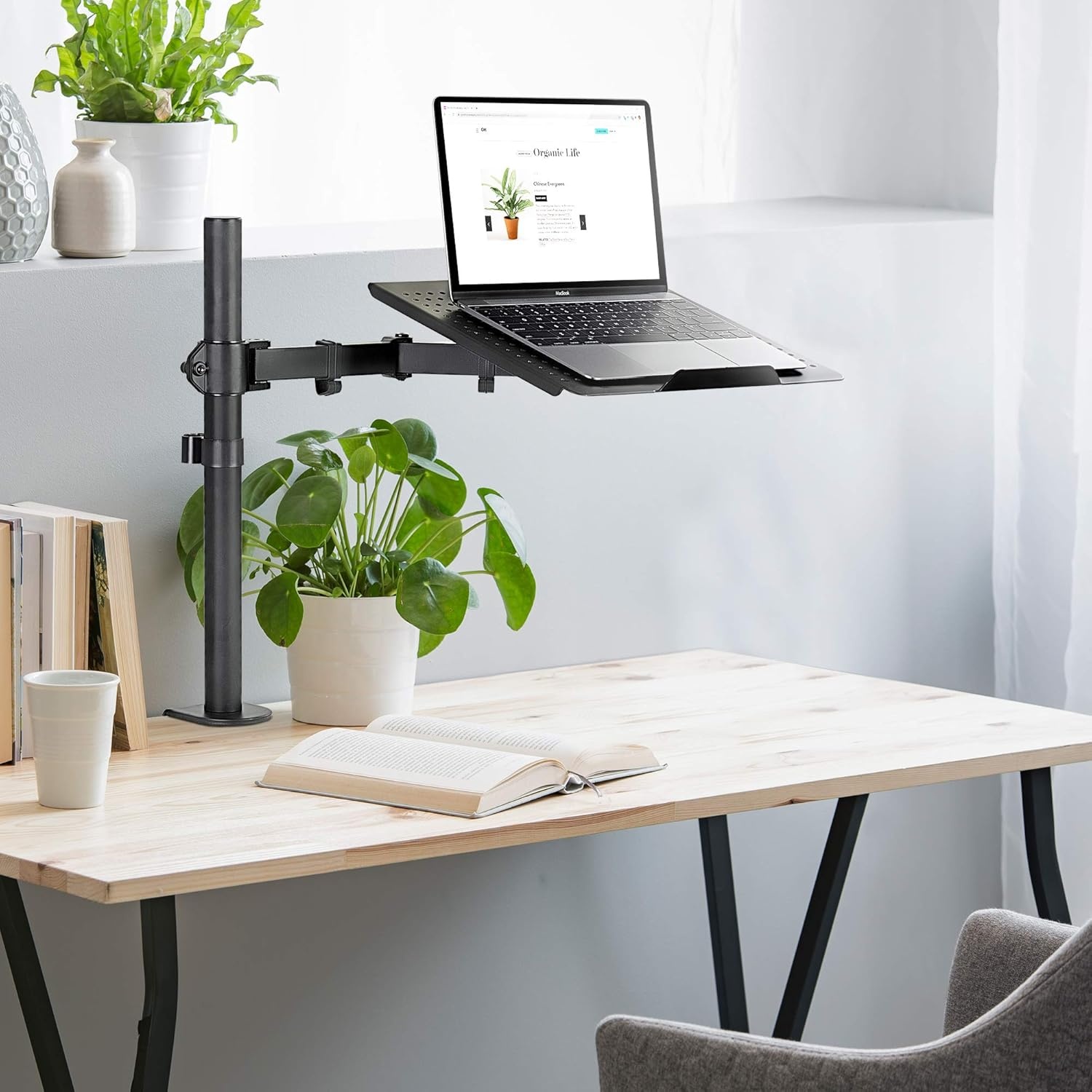 image:imageMountIt Laptop Desk Mount with Pole Height Adjustable Laptop Stand Mount for Desk with Vented Tray Full Motion Laptop Arm for 1117 Inch Laptops 22 lb Capacity Clamp or Grommet Base