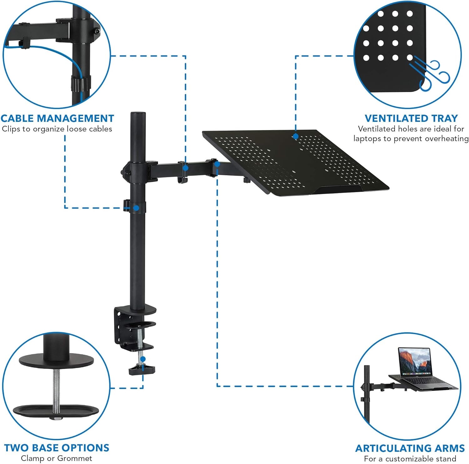 image:imageMountIt Laptop Desk Mount with Pole Height Adjustable Laptop Stand Mount for Desk with Vented Tray Full Motion Laptop Arm for 1117 Inch Laptops 22 lb Capacity Clamp or Grommet Base