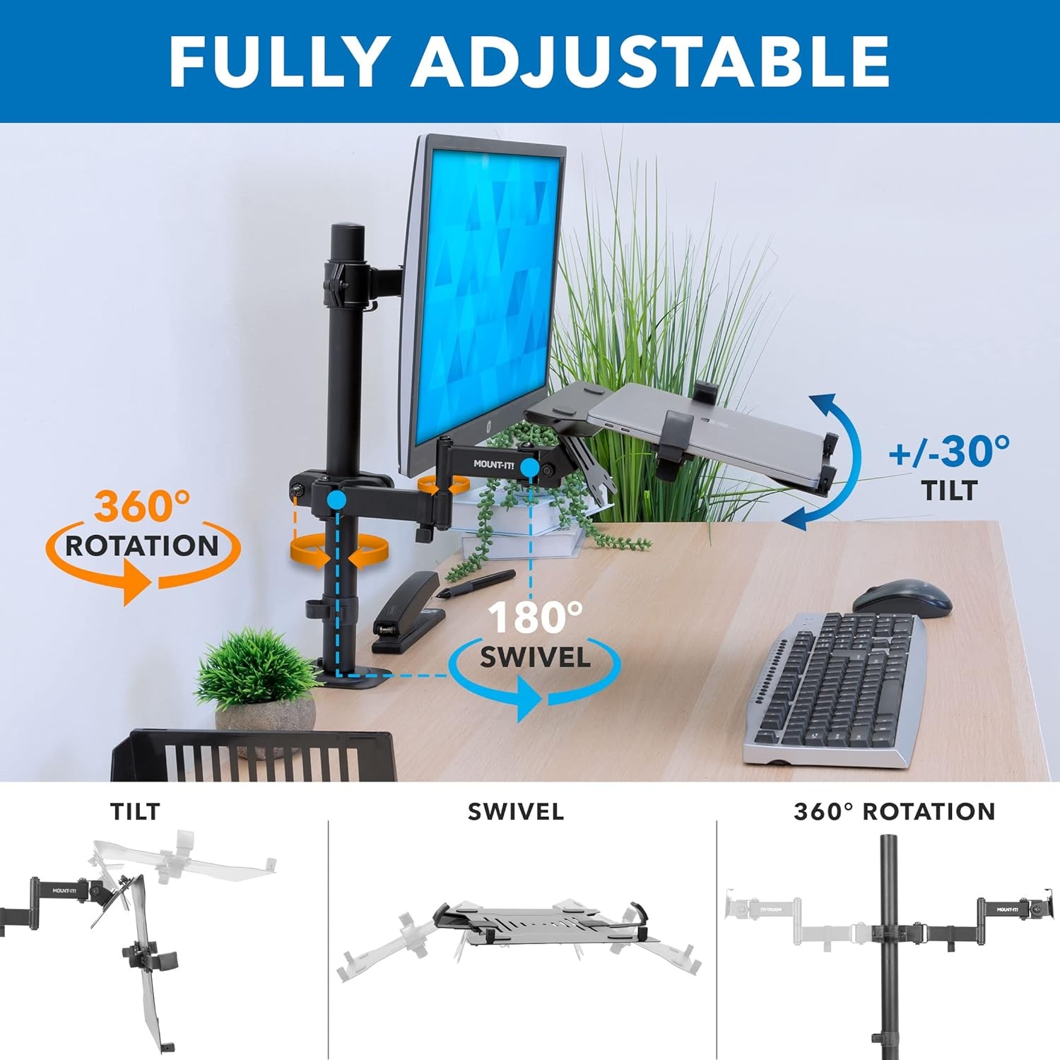 image:imageMountIt Laptop Pole Mount Tray Full Motion Laptop Mount Fits Up to 156 Laptops Universal Adjustable Steel Notebook Stand for Add On to Monitor Mounts