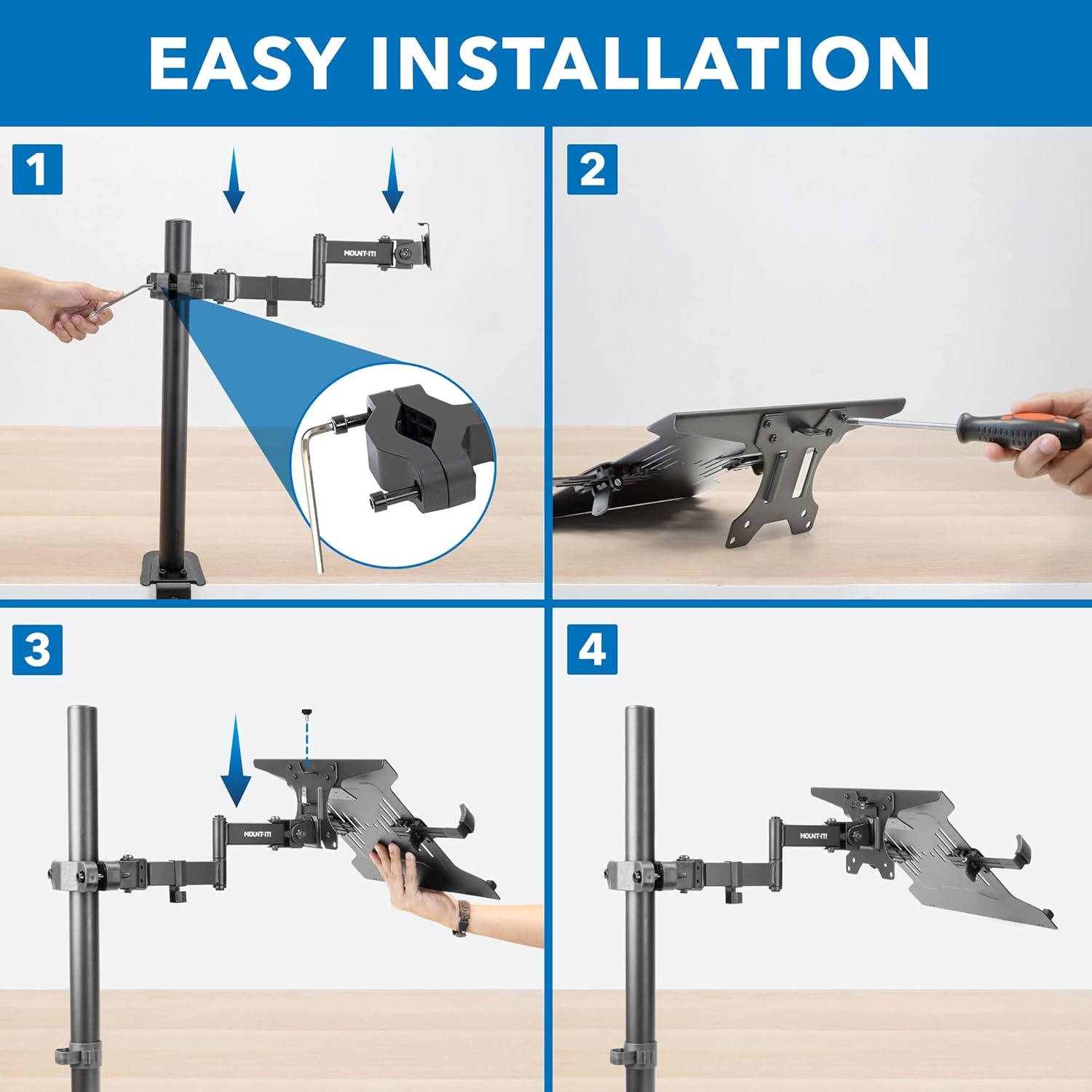 image:imageMountIt Laptop Pole Mount Tray Full Motion Laptop Mount Fits Up to 156 Laptops Universal Adjustable Steel Notebook Stand for Add On to Monitor Mounts