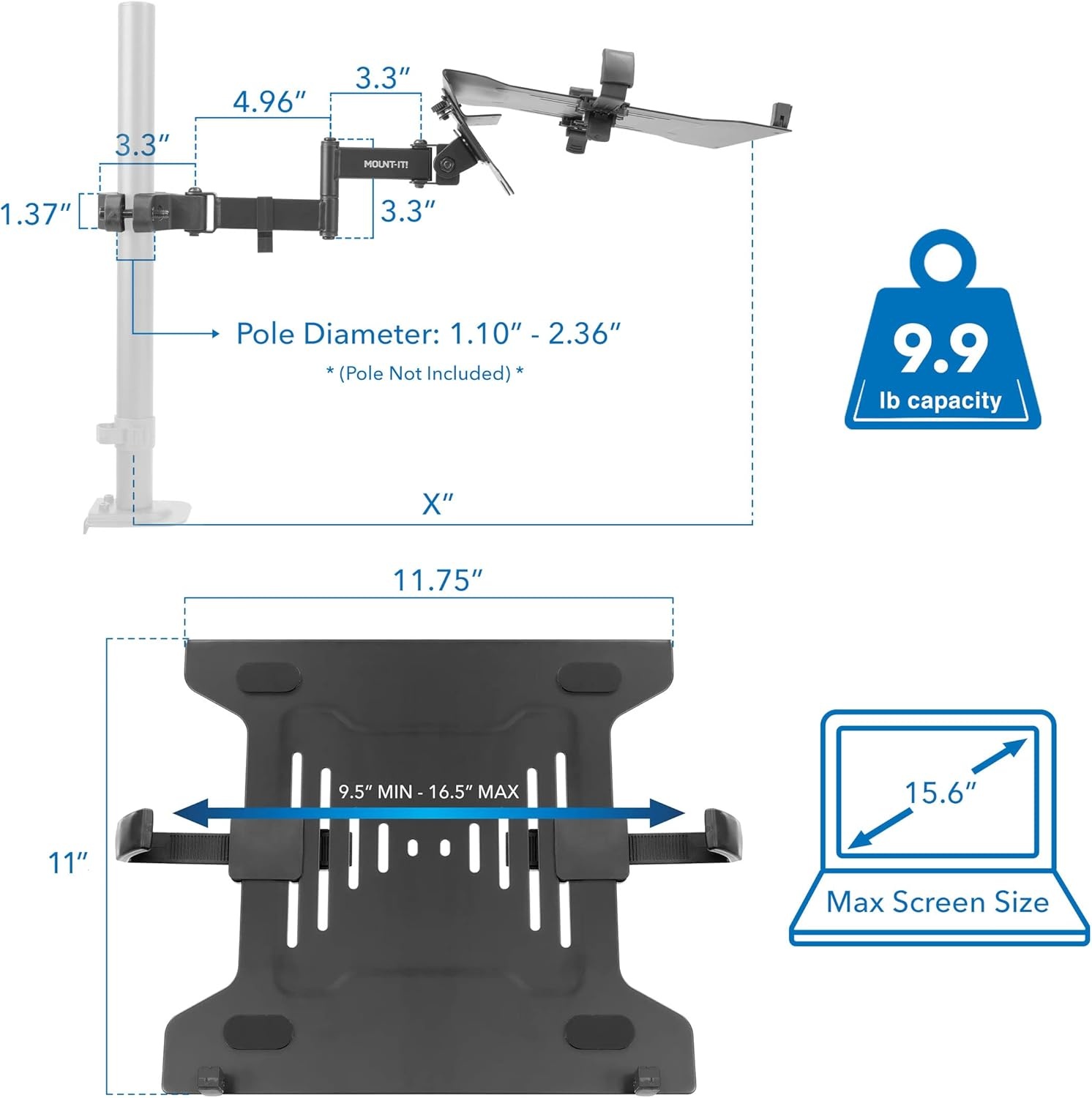 image:imageMountIt Laptop Pole Mount Tray Full Motion Laptop Mount Fits Up to 156 Laptops Universal Adjustable Steel Notebook Stand for Add On to Monitor Mounts