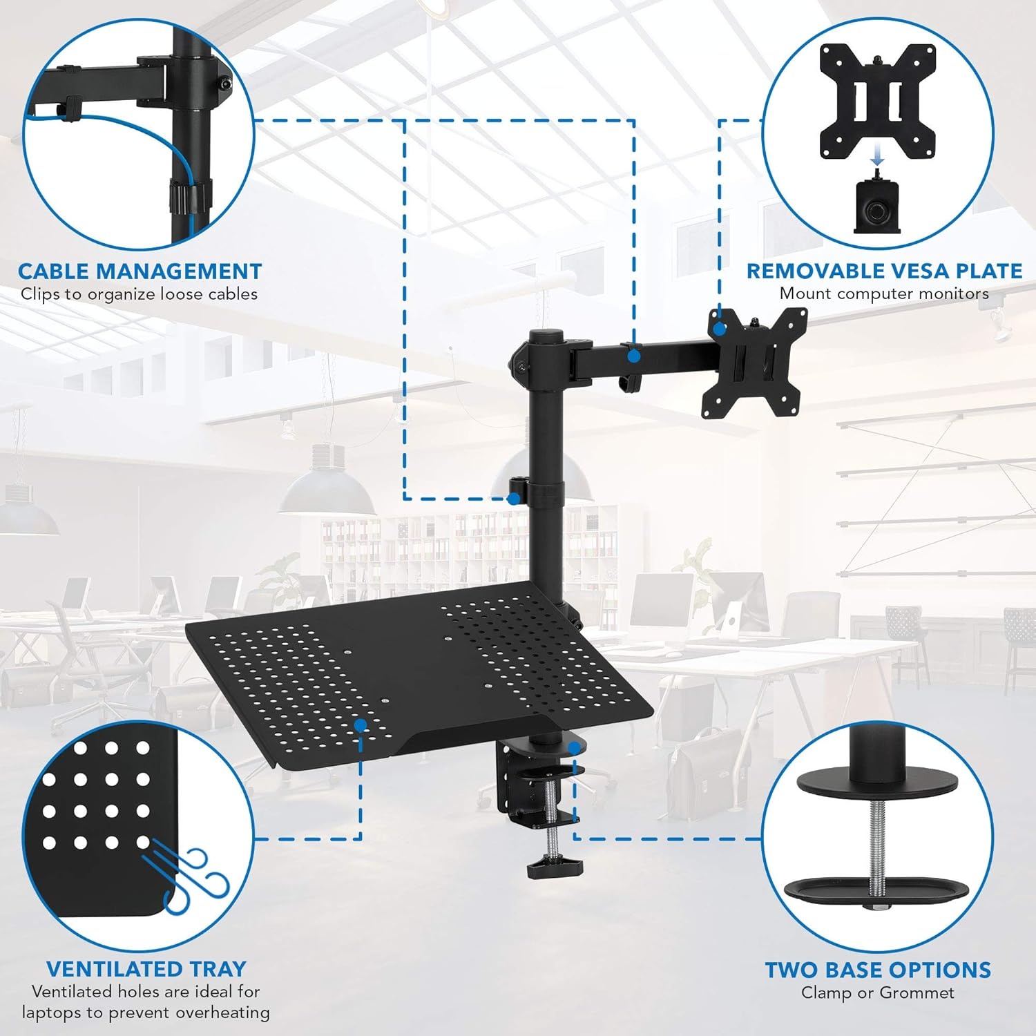 image:imageMountIt Laptop and Monitor Desk Mount with Adjustable Arms Laptop Tray for Laptops up to 17 and Monitors 1327 VESA 75x75 100x100 Compatible Dual Arm Stand with Clamp or Grommet Base