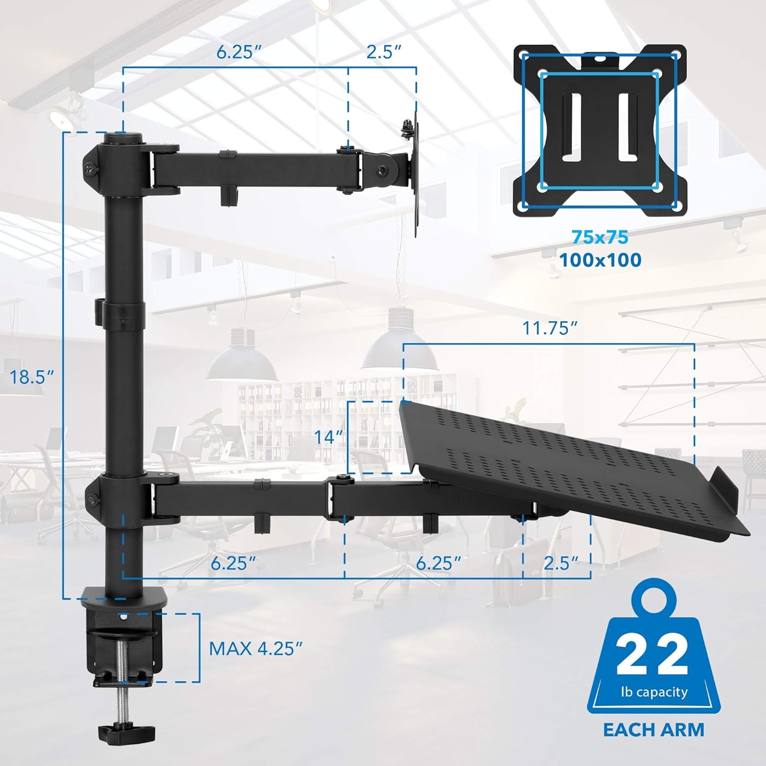 image:imageMountIt Laptop and Monitor Desk Mount with Adjustable Arms Laptop Tray for Laptops up to 17 and Monitors 1327 VESA 75x75 100x100 Compatible Dual Arm Stand with Clamp or Grommet Base