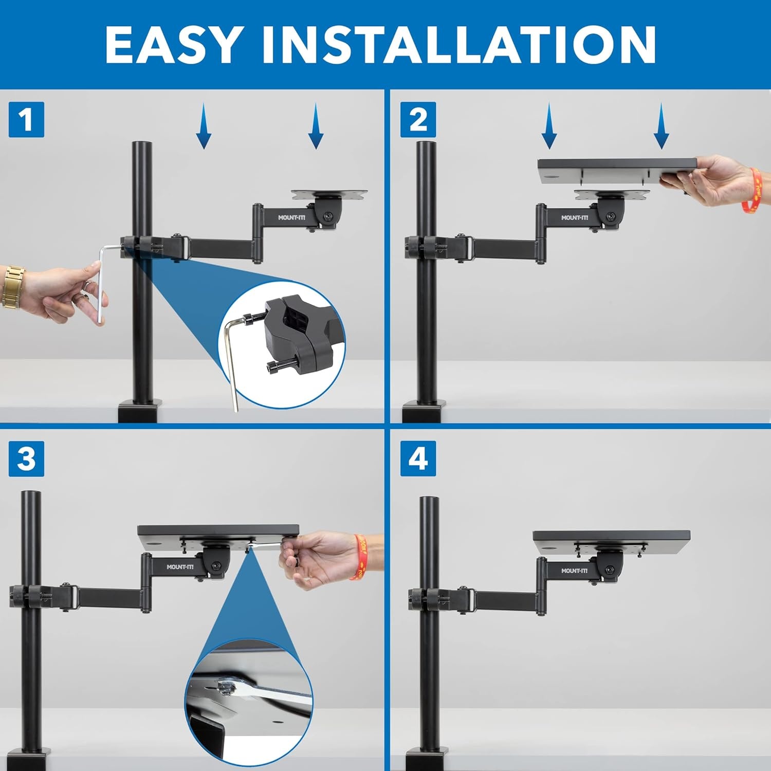 image:imageMountIt Printer Pole Mount for Thermal Label Printers Full Motion Arm with Rotating Tray Holds up to 11 lbs Swivel Rotate and Tilt Clamp Connection Arm Mount for Label Makers