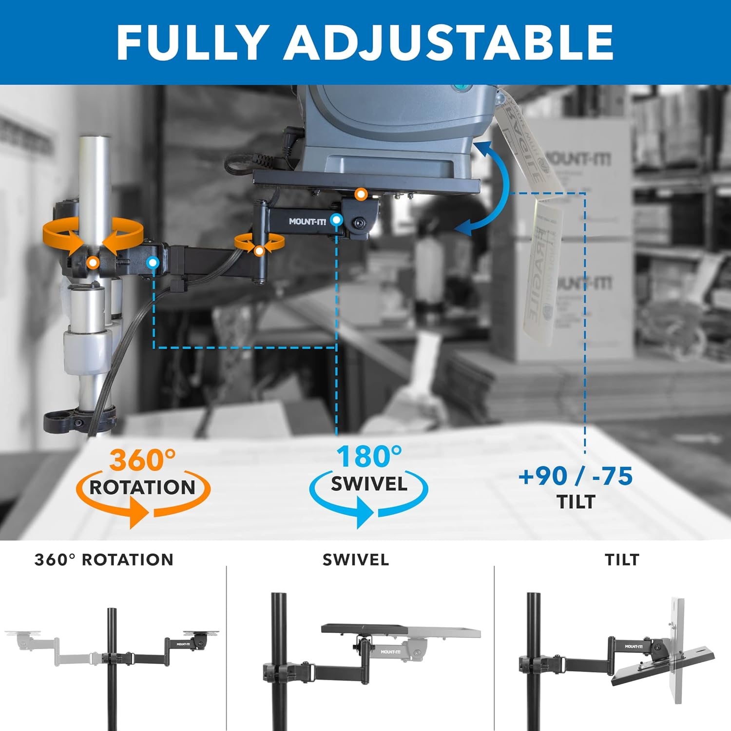 image:imageMountIt Printer Pole Mount for Thermal Label Printers Full Motion Arm with Rotating Tray Holds up to 11 lbs Swivel Rotate and Tilt Clamp Connection Arm Mount for Label Makers