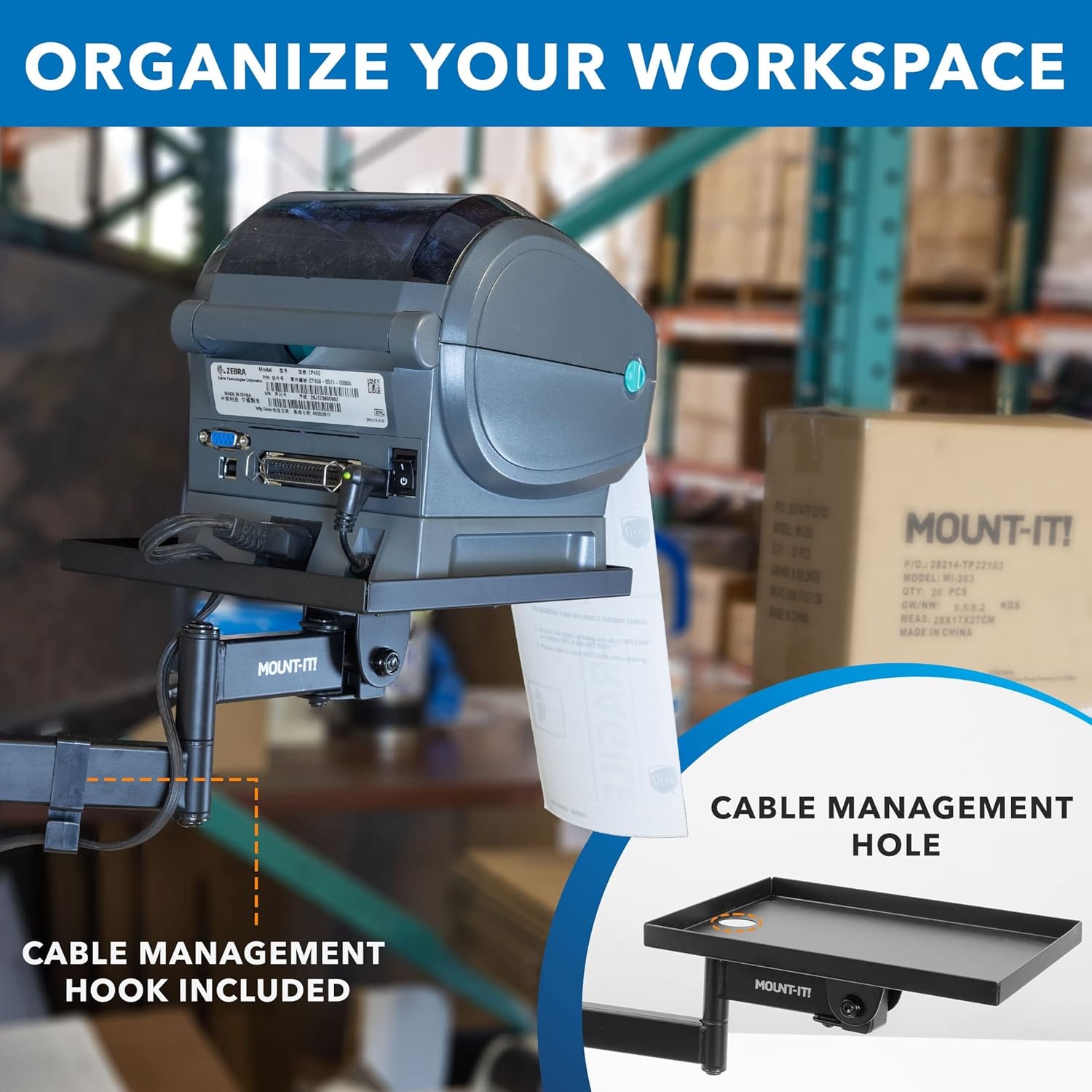 image:imageMountIt Printer Pole Mount for Thermal Label Printers Full Motion Arm with Rotating Tray Holds up to 11 lbs Swivel Rotate and Tilt Clamp Connection Arm Mount for Label Makers