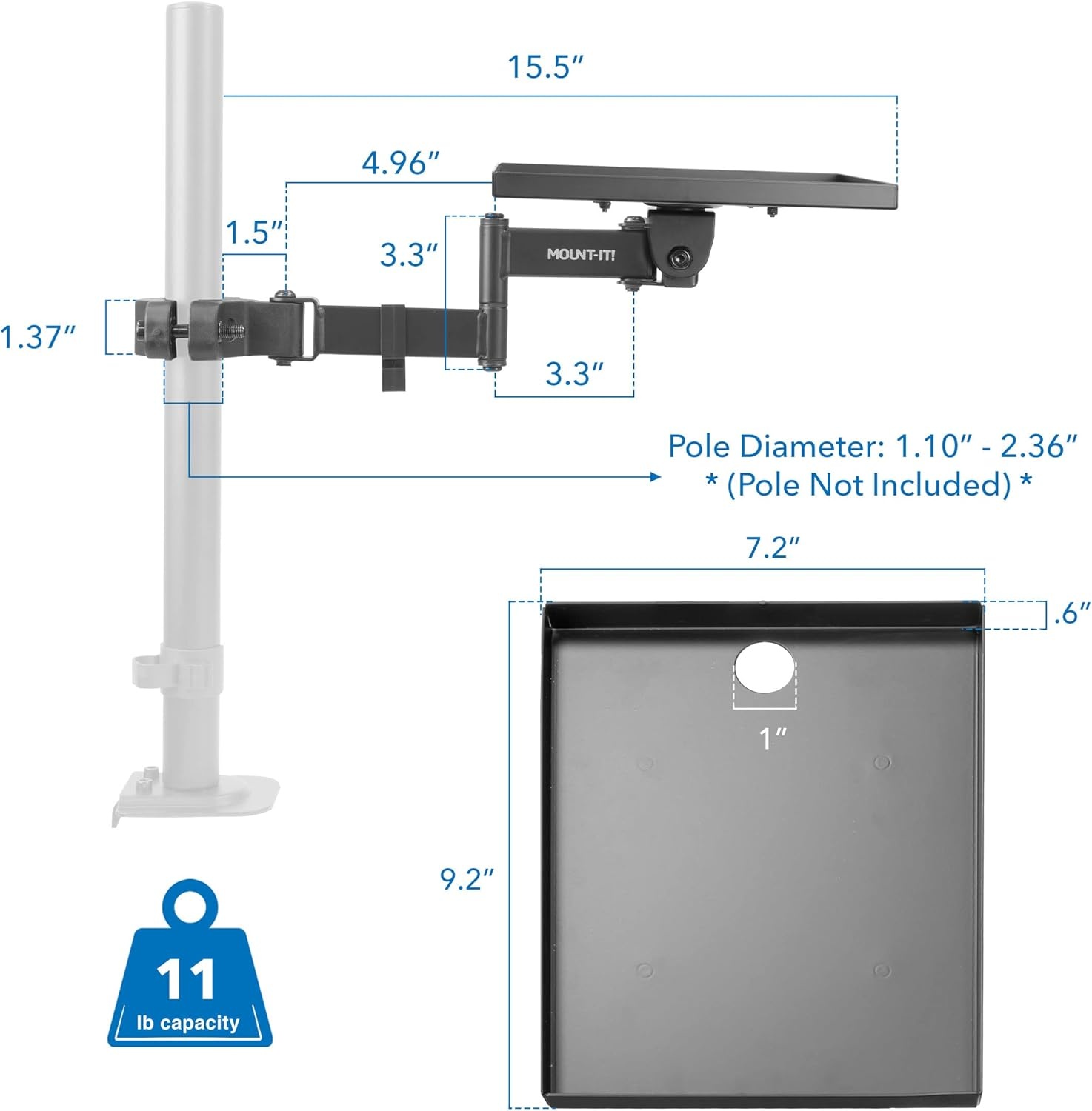image:imageMountIt Printer Pole Mount for Thermal Label Printers Full Motion Arm with Rotating Tray Holds up to 11 lbs Swivel Rotate and Tilt Clamp Connection Arm Mount for Label Makers