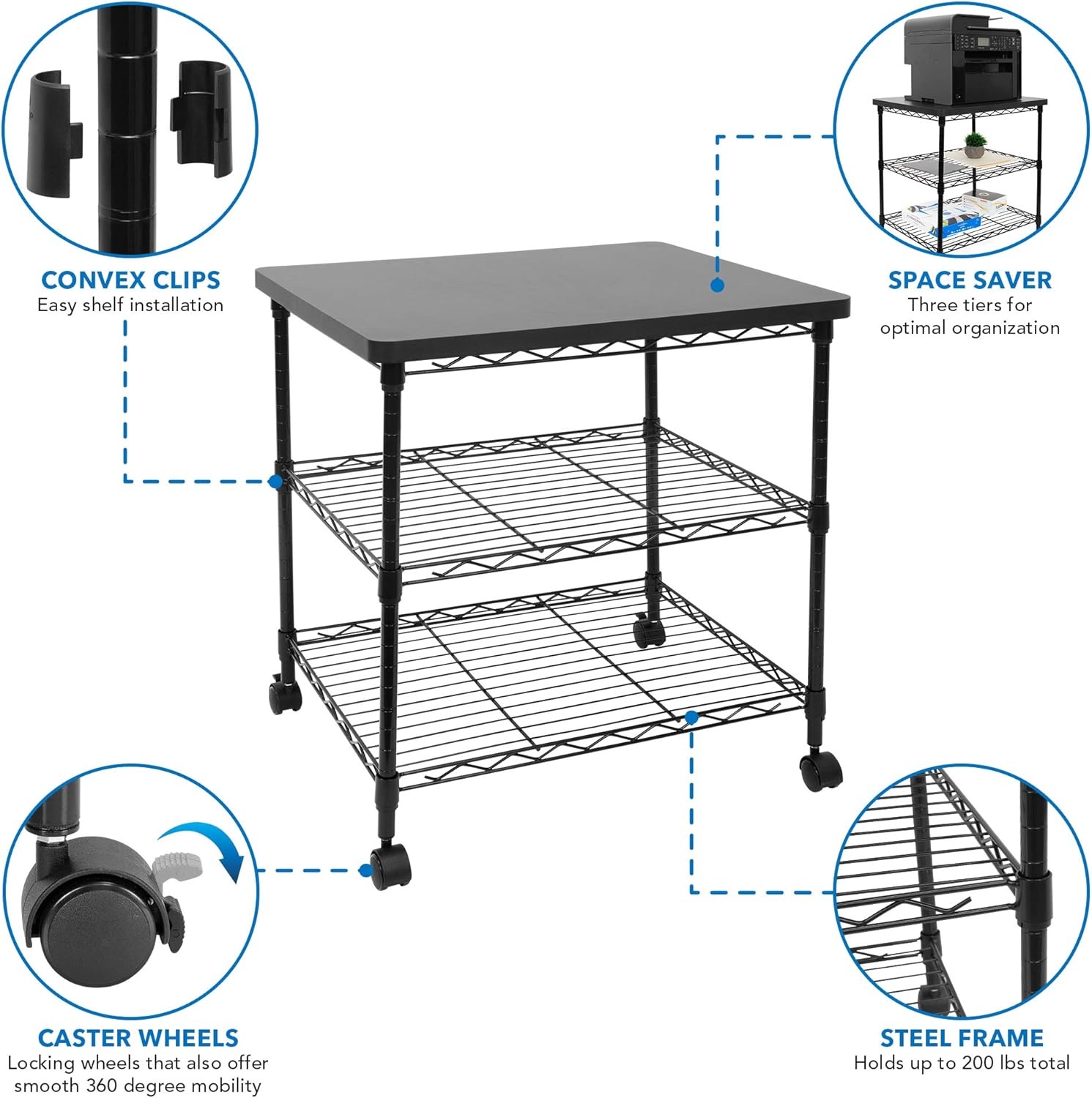 image:imageMountIt Printer Stand With Wheels 3Tier Large Printer Cart With Storage Shelves For 3D amp Laser Printer Scanner Heat Press Rolling Metal Utility Table For Home and Office Use 200 Lbs Capacity3Tier