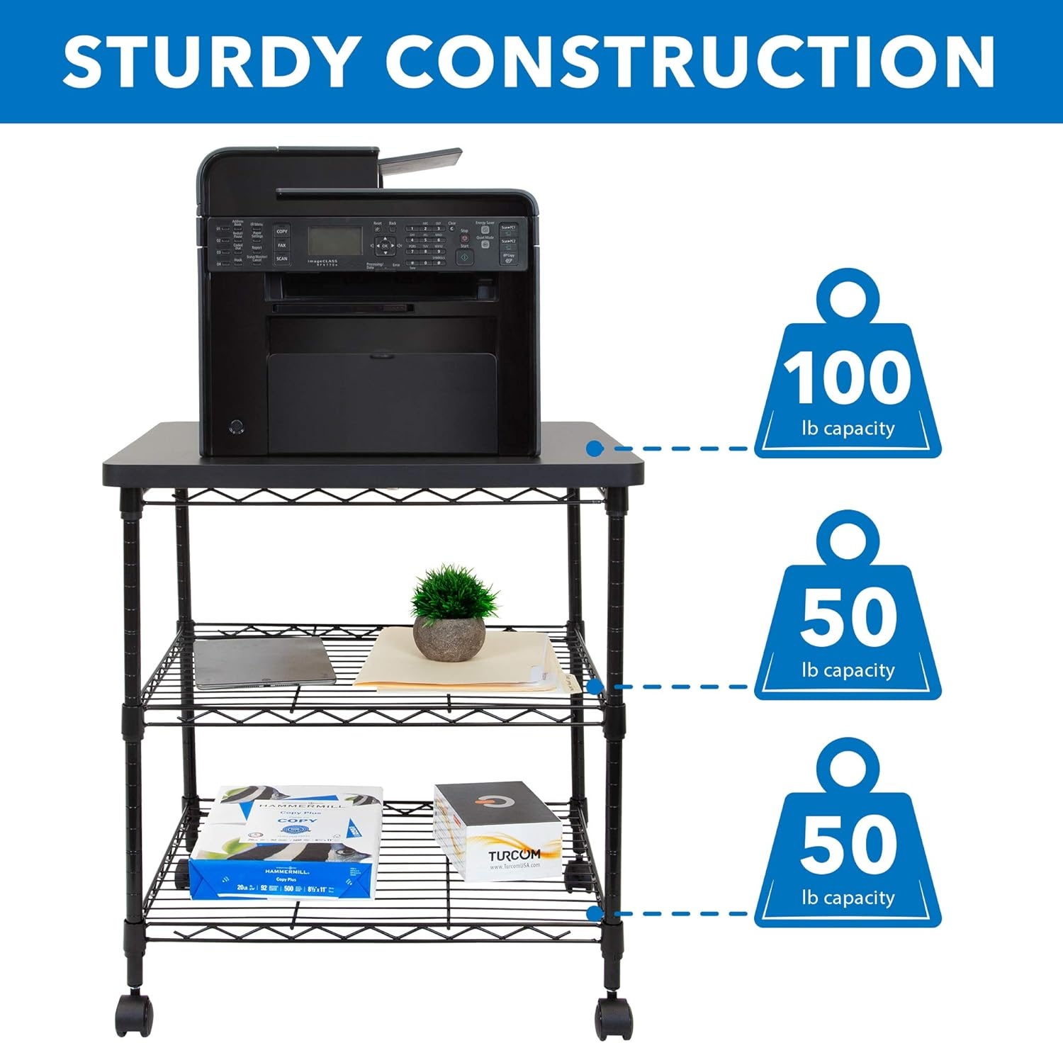 image:imageMountIt Printer Stand With Wheels 3Tier Large Printer Cart With Storage Shelves For 3D amp Laser Printer Scanner Heat Press Rolling Metal Utility Table For Home and Office Use 200 Lbs Capacity3Tier