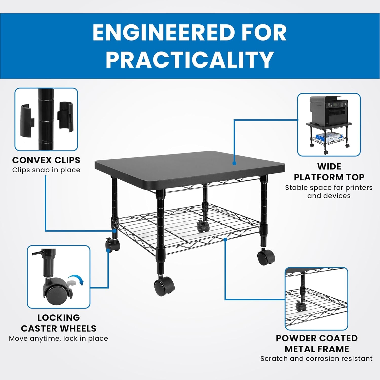 image:imageMountIt Printer Stand With Wheels 3Tier Large Printer Cart With Storage Shelves For 3D amp Laser Printer Scanner Heat Press Rolling Metal Utility Table For Home and Office Use 200 Lbs Capacity2Tier
