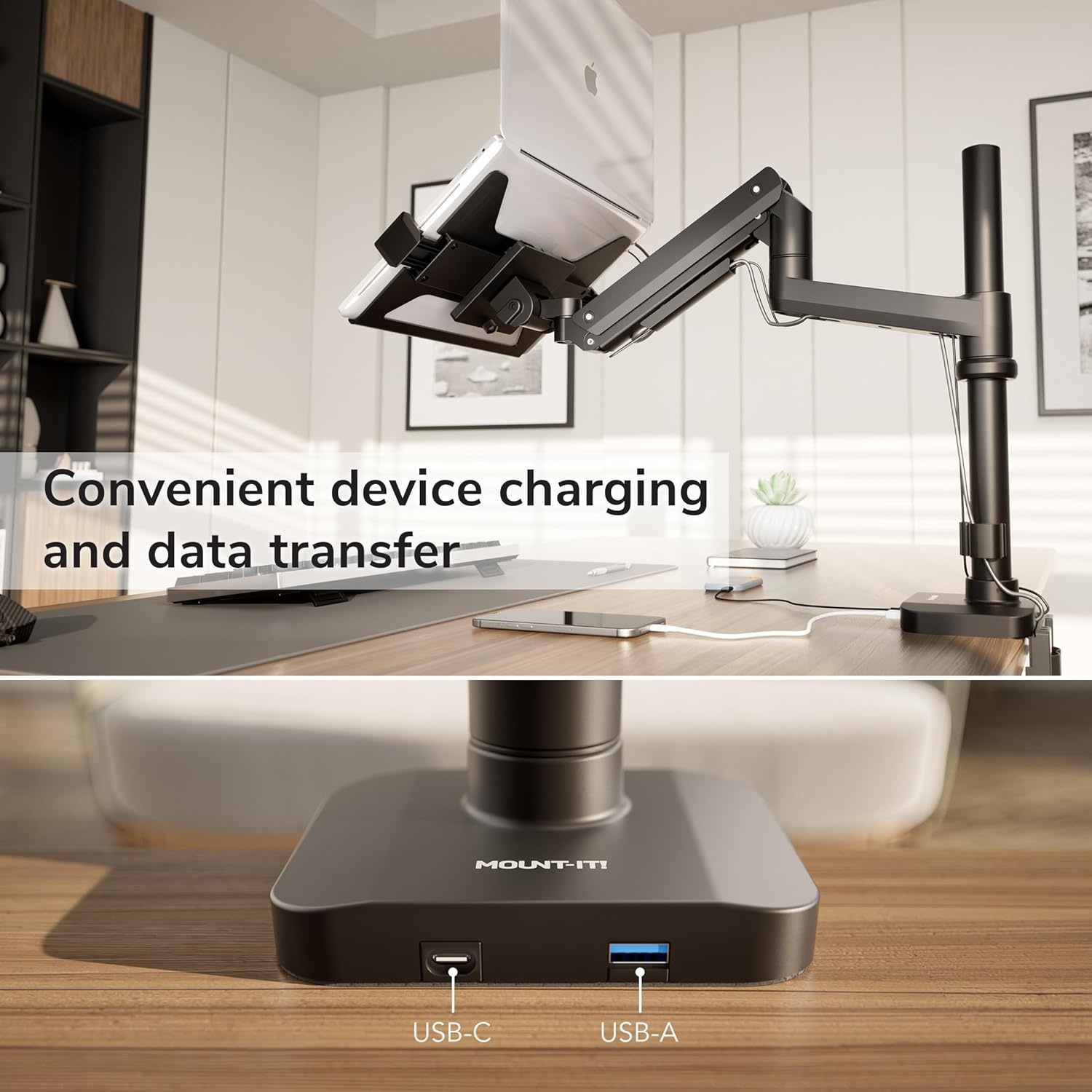 image:imageMountIt Proflex Series Premium Laptop Desk Mount with Pole Gas Spring Arm Fits 116173 Laptops up to 198 lbs USB 30 amp USBC Ports Full Motion TiltSwivel Clamp or Grommet