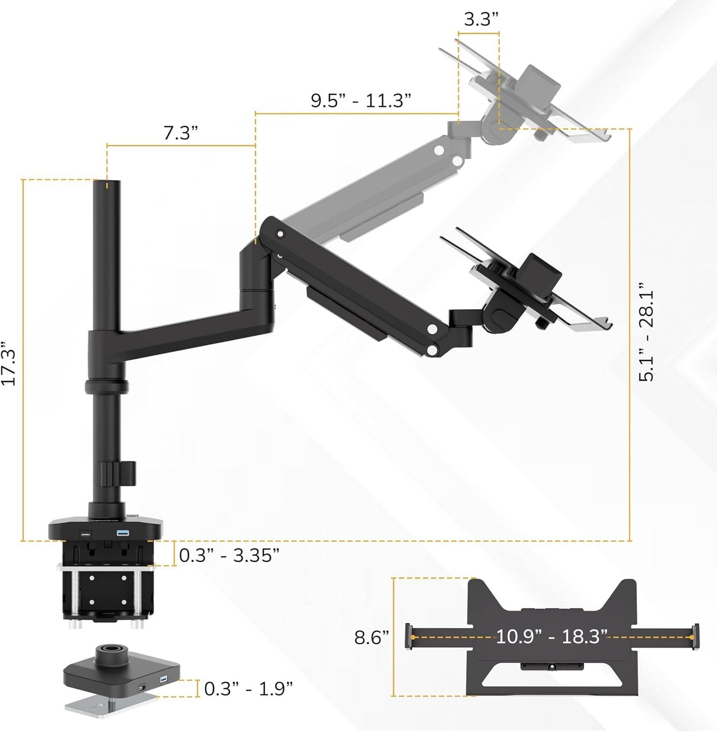 image:imageMountIt Proflex Series Premium Laptop Desk Mount with Pole Gas Spring Arm Fits 116173 Laptops up to 198 lbs USB 30 amp USBC Ports Full Motion TiltSwivel Clamp or Grommet