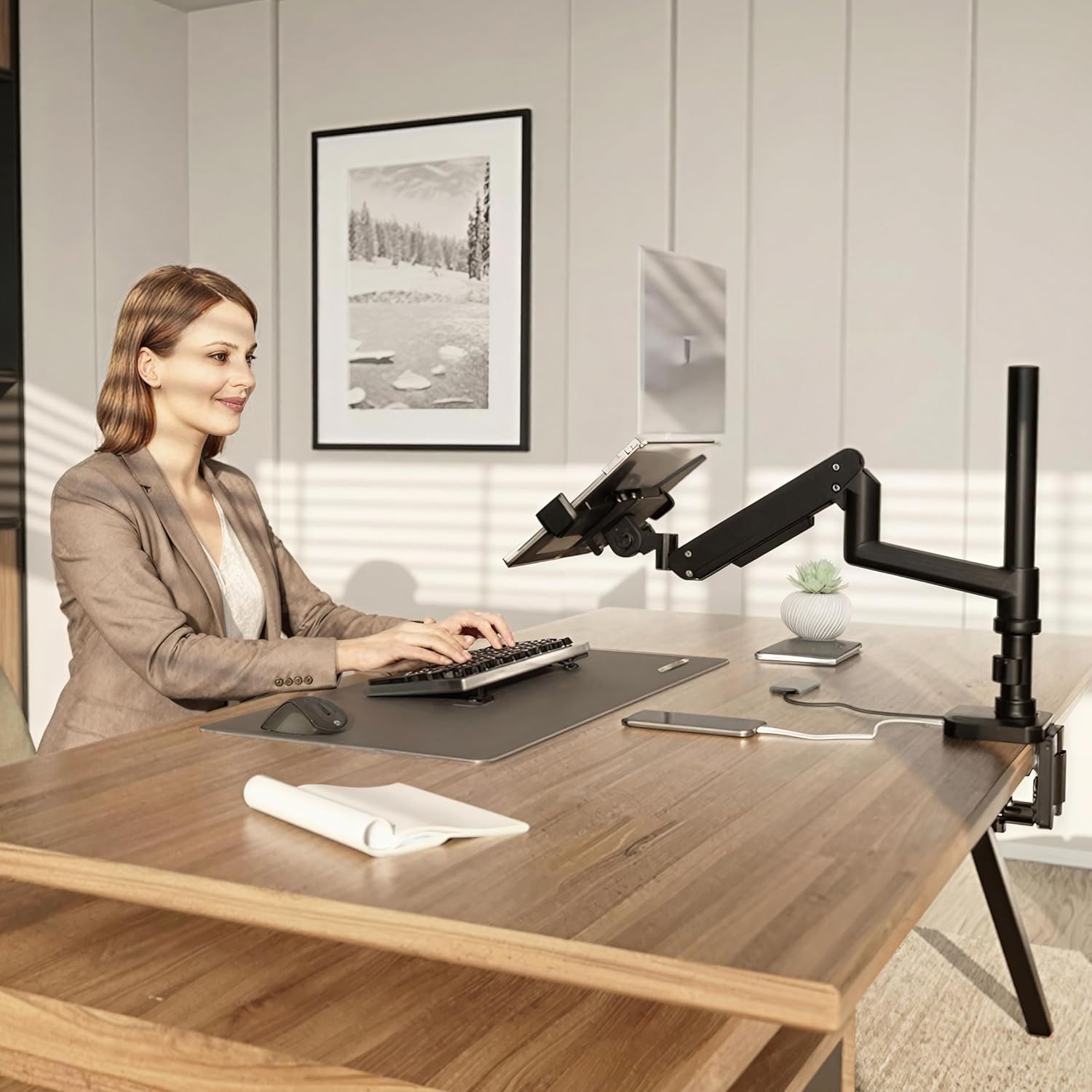 image:imageMountIt Proflex Series Premium Laptop Desk Mount with Pole Gas Spring Arm Fits 116173 Laptops up to 198 lbs USB 30 amp USBC Ports Full Motion TiltSwivel Clamp or Grommet