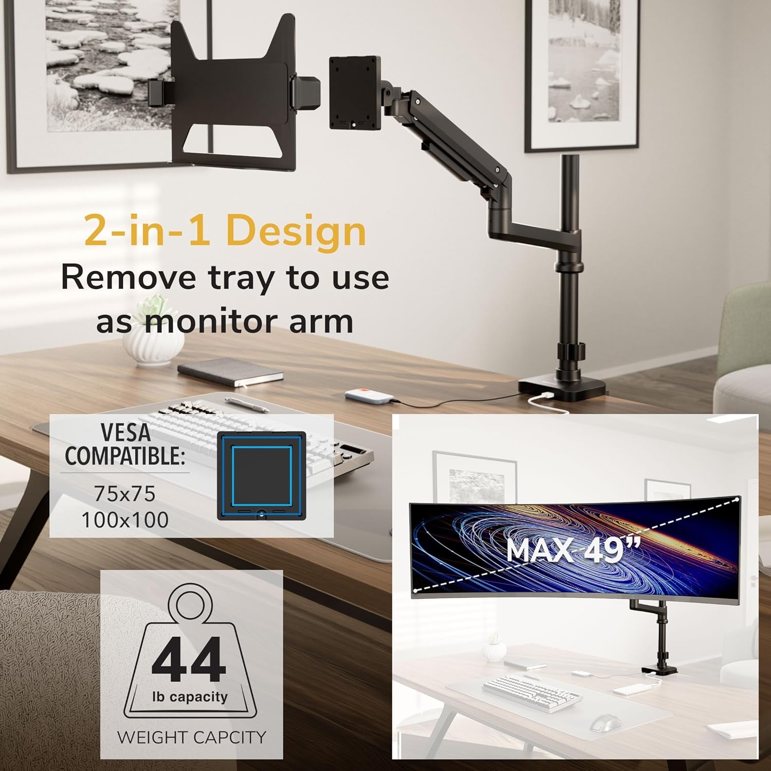 image:imageMountIt Proflex Series Premium Laptop Desk Mount with Pole Gas Spring Arm Fits 116173 Laptops up to 198 lbs USB 30 amp USBC Ports Full Motion TiltSwivel Clamp or Grommet