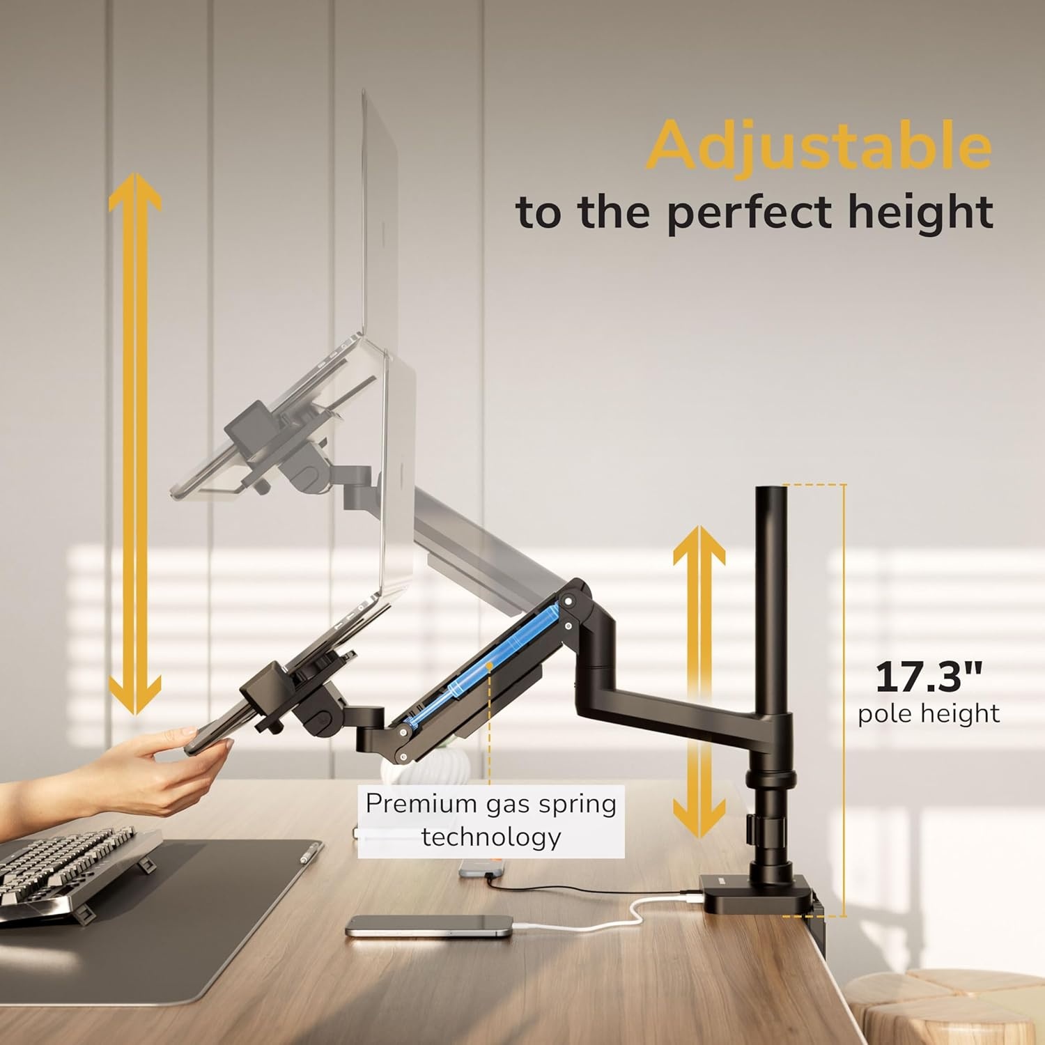 image:imageMountIt Proflex Series Premium Laptop Desk Mount with Pole Gas Spring Arm Fits 116173 Laptops up to 198 lbs USB 30 amp USBC Ports Full Motion TiltSwivel Clamp or Grommet