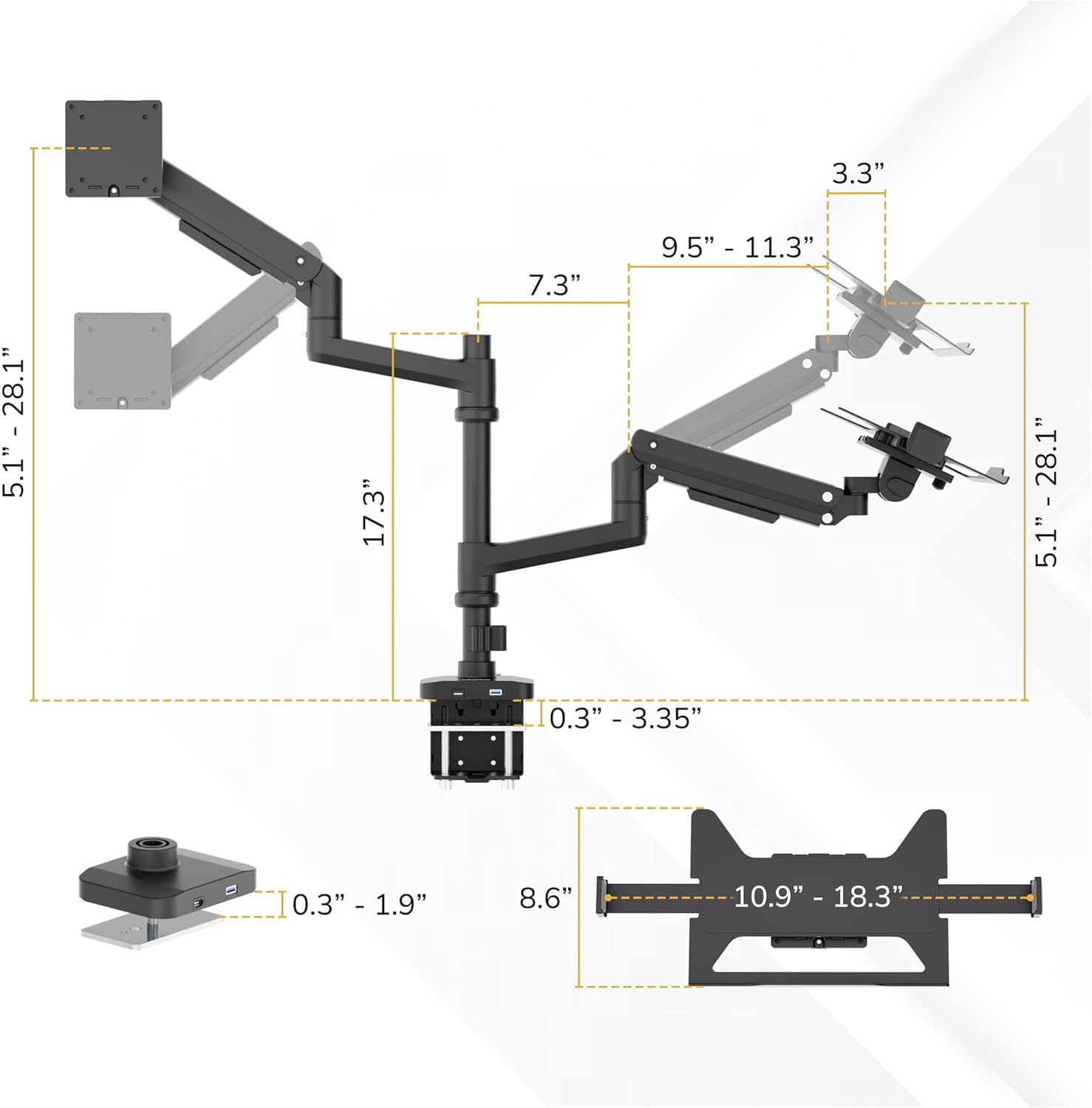 image:imageMountIt Proflex Series Premium Monitor and Laptop Mount with Pole Gas Spring Arm Supports 1749 Ultrawide Monitors amp 116173 Laptops up to 44 lbs USB 30 amp USBC Full Motion
