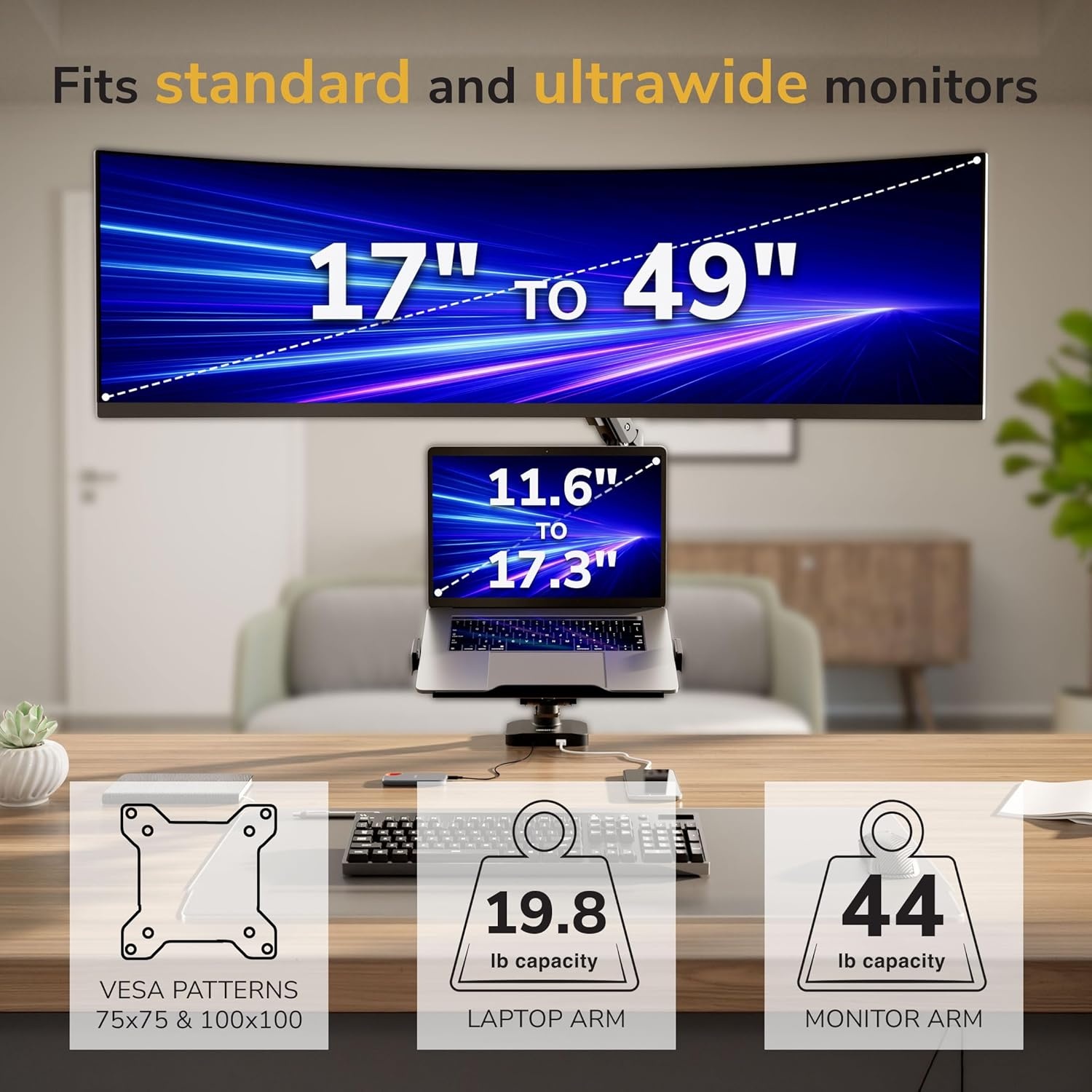image:imageMountIt Proflex Series Premium Monitor and Laptop Mount with Pole Gas Spring Arm Supports 1749 Ultrawide Monitors amp 116173 Laptops up to 44 lbs USB 30 amp USBC Full Motion