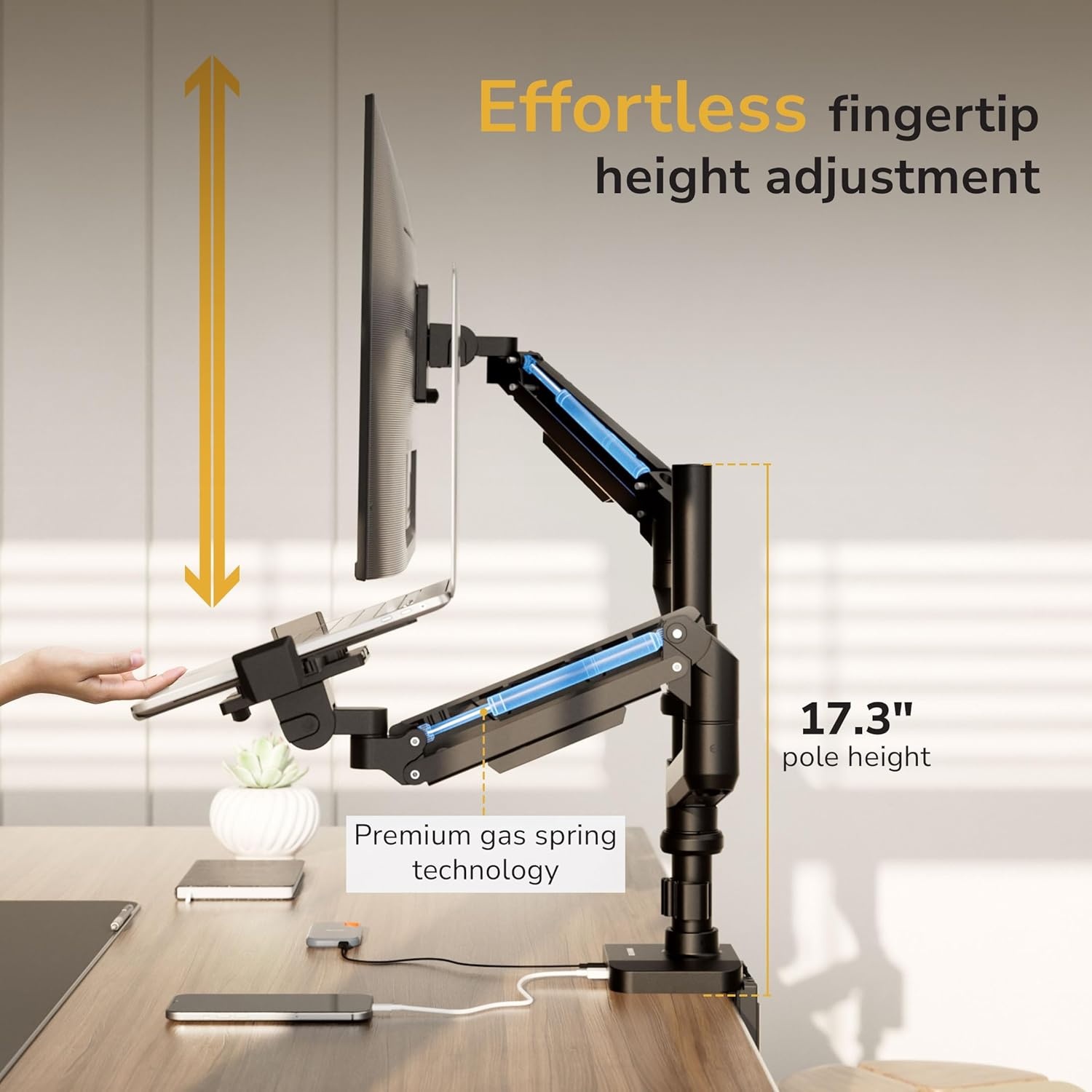 image:imageMountIt Proflex Series Premium Monitor and Laptop Mount with Pole Gas Spring Arm Supports 1749 Ultrawide Monitors amp 116173 Laptops up to 44 lbs USB 30 amp USBC Full Motion