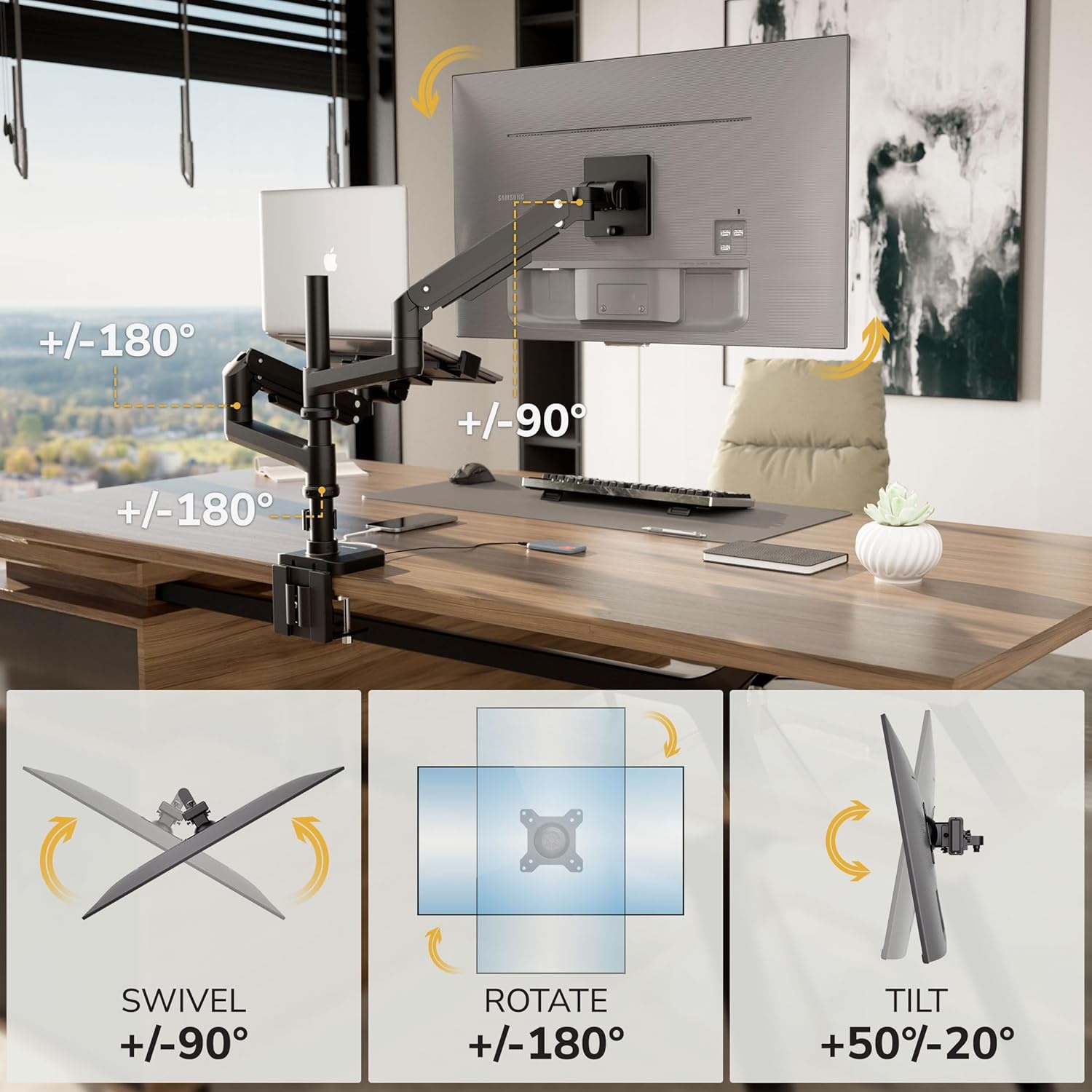 image:imageMountIt Proflex Series Premium Monitor and Laptop Mount with Pole Gas Spring Arm Supports 1749 Ultrawide Monitors amp 116173 Laptops up to 44 lbs USB 30 amp USBC Full Motion