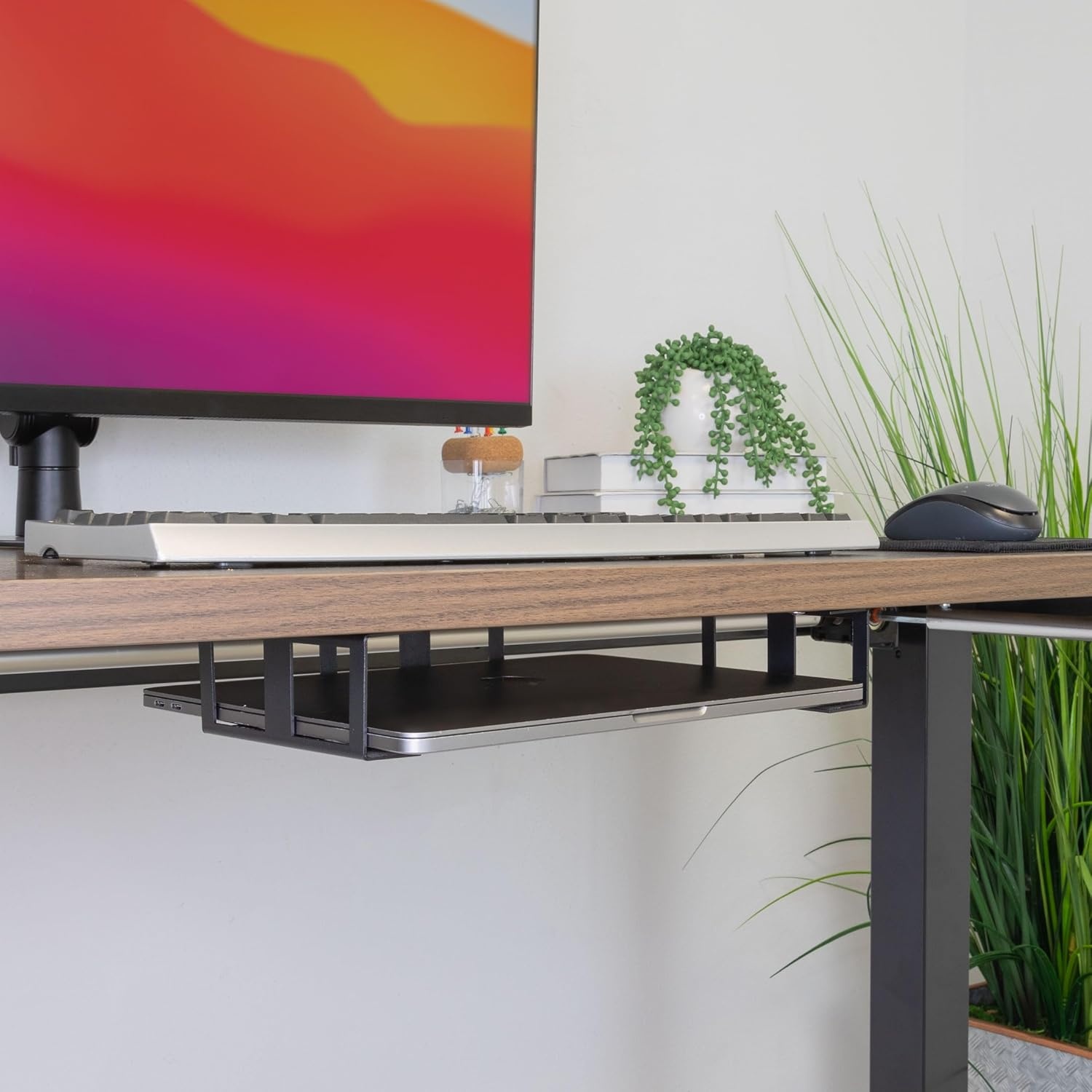 image:imageMountIt Under Desk Laptop Mount Holder Laptop Mount for Desk Space Saver Small Multimedia Device Bracket Underdesk Shelf for Notebook Mac mini MacBook Keyboard Anti Scratch Black