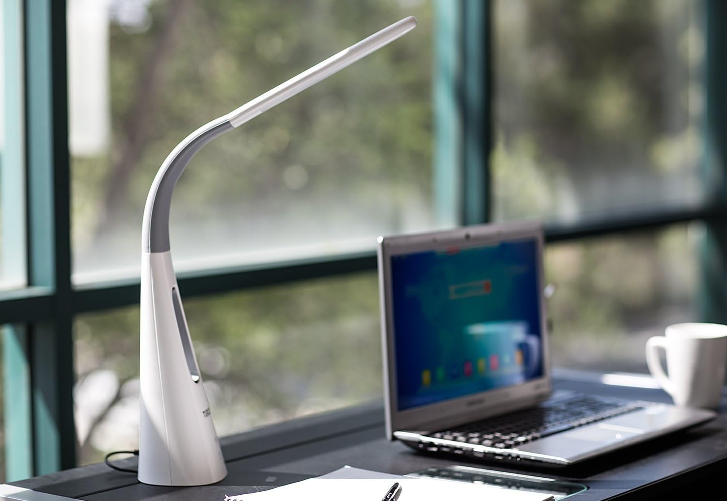 image:imageTurcom LED Desk Lamp with Fan Dimmable Bladeless Quiet Desk Fan with Adjustable Gooseneck Touch Control 3 Speeds and 5 Brightness Levels EyeCaring Reading Light for Office Study Bedroom White