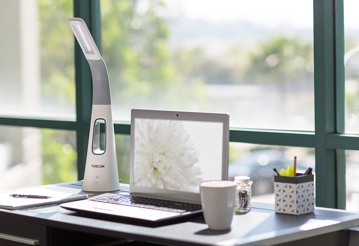 image:imageTurcom LED Desk Lamp with Fan Dimmable Bladeless Quiet Desk Fan with Adjustable Gooseneck Touch Control 3 Speeds and 5 Brightness Levels EyeCaring Reading Light for Office Study Bedroom White