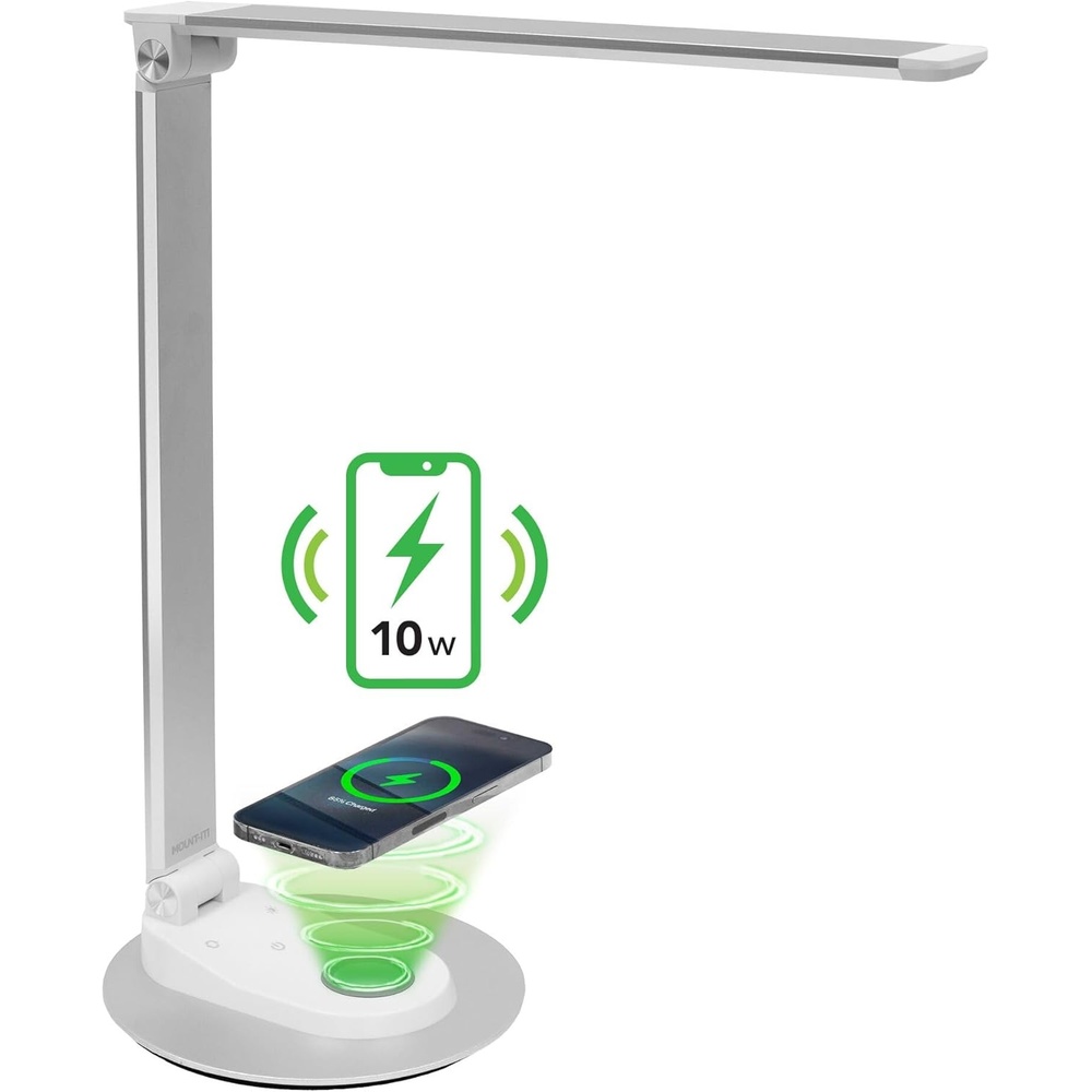 image:imageMountIt LED Desk Lamp with Wireless Charger and USBC Charging Port Dimmable Desk Lamp with 25 Brightness and Color Modes for Home or Office Adjustable Arm SilverWhite