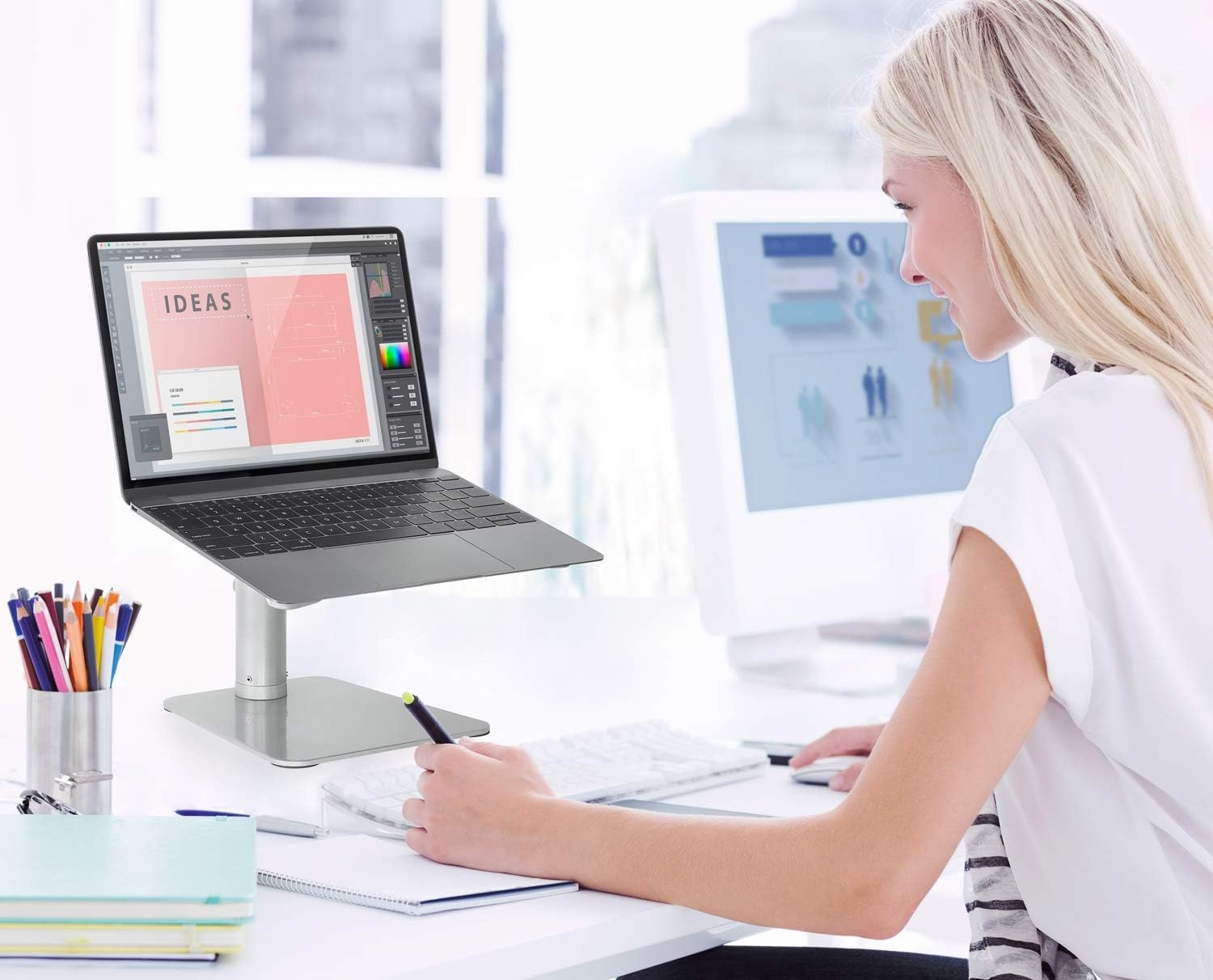 image:imageMountIt Adjustable Height Laptop Stand for Desk Ergonomic Laptop Riser for 1115 Inch Laptops Tilted Desktop Lift with AntiSlip Platform Up to 33 lbs