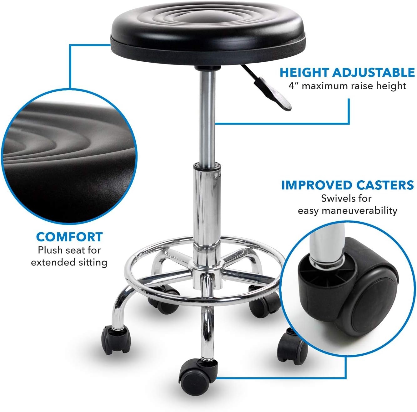 image:imageMountIt Adjustable Rolling Stool with Wheels Swivel Backless Doctor Stool Hydraulic Seat for Salon Spa Tattoo Garage Medical Office Desk 181 to 236 Height 250 lb Capacity Black