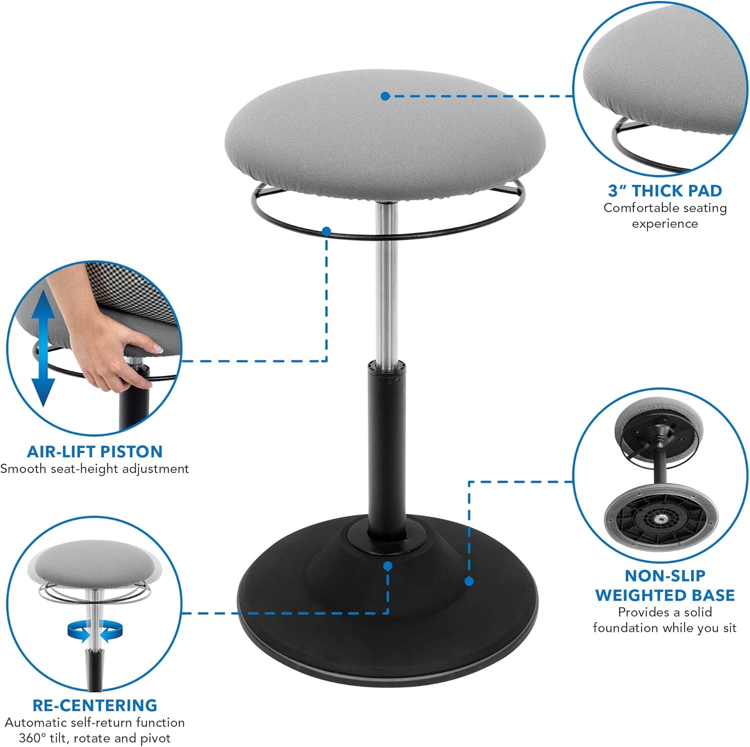 image:imageMountIt Height Adjustable Wobble Stool Ergonomic Standing Desk Chair for Office Wobble Stools for Classroom Seating Ergonomic Stools 360 Swivel amp Rocking Motion Foam Padded NonSlip in Black