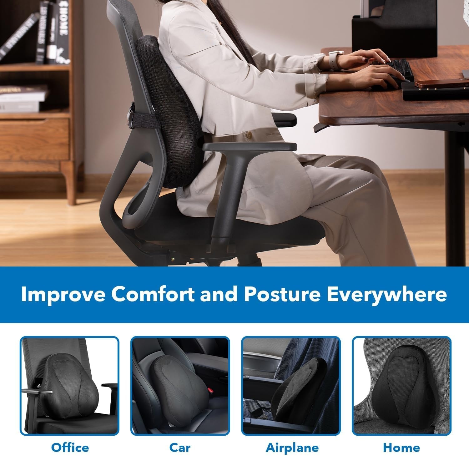 image:imageMountIt Office Chair Cushion Lumbar Support Pillow for Office Chair Back Support for Work Office Gaming with Memory Foam Filling for Back Pain Relief Improve Posture Black with Washable Cover17 x 15