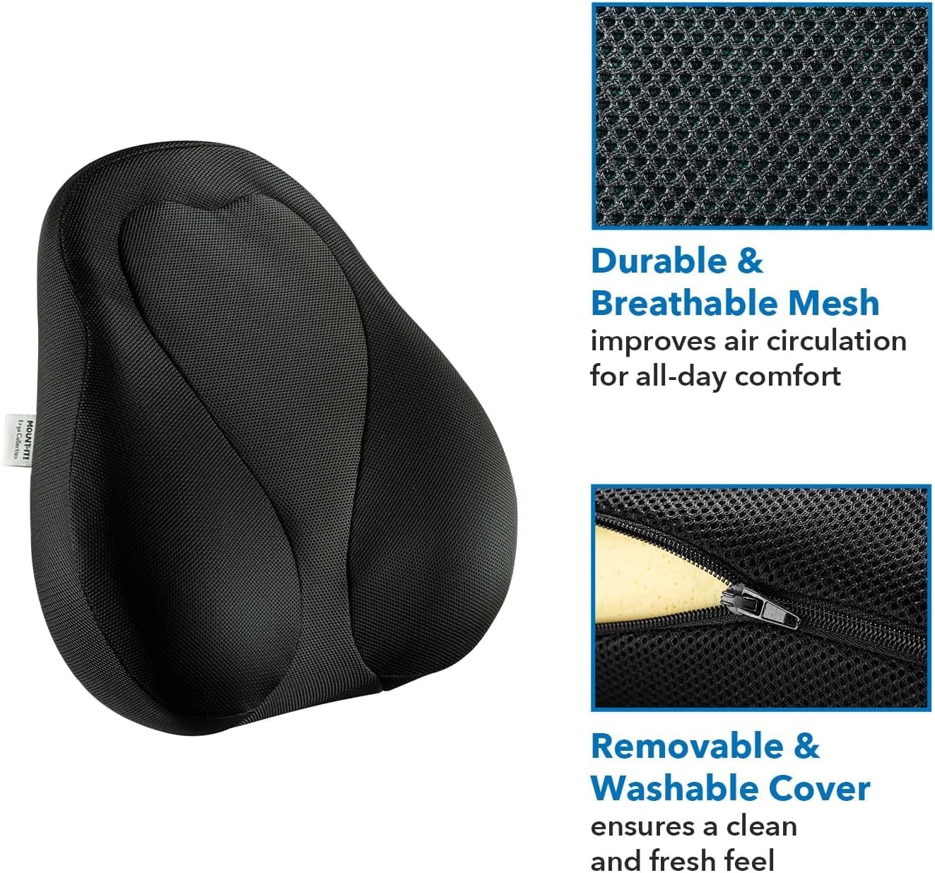 image:imageMountIt Office Chair Cushion Lumbar Support Pillow for Office Chair Back Support for Work Office Gaming with Memory Foam Filling for Back Pain Relief Improve Posture Black with Washable Cover17 x 15