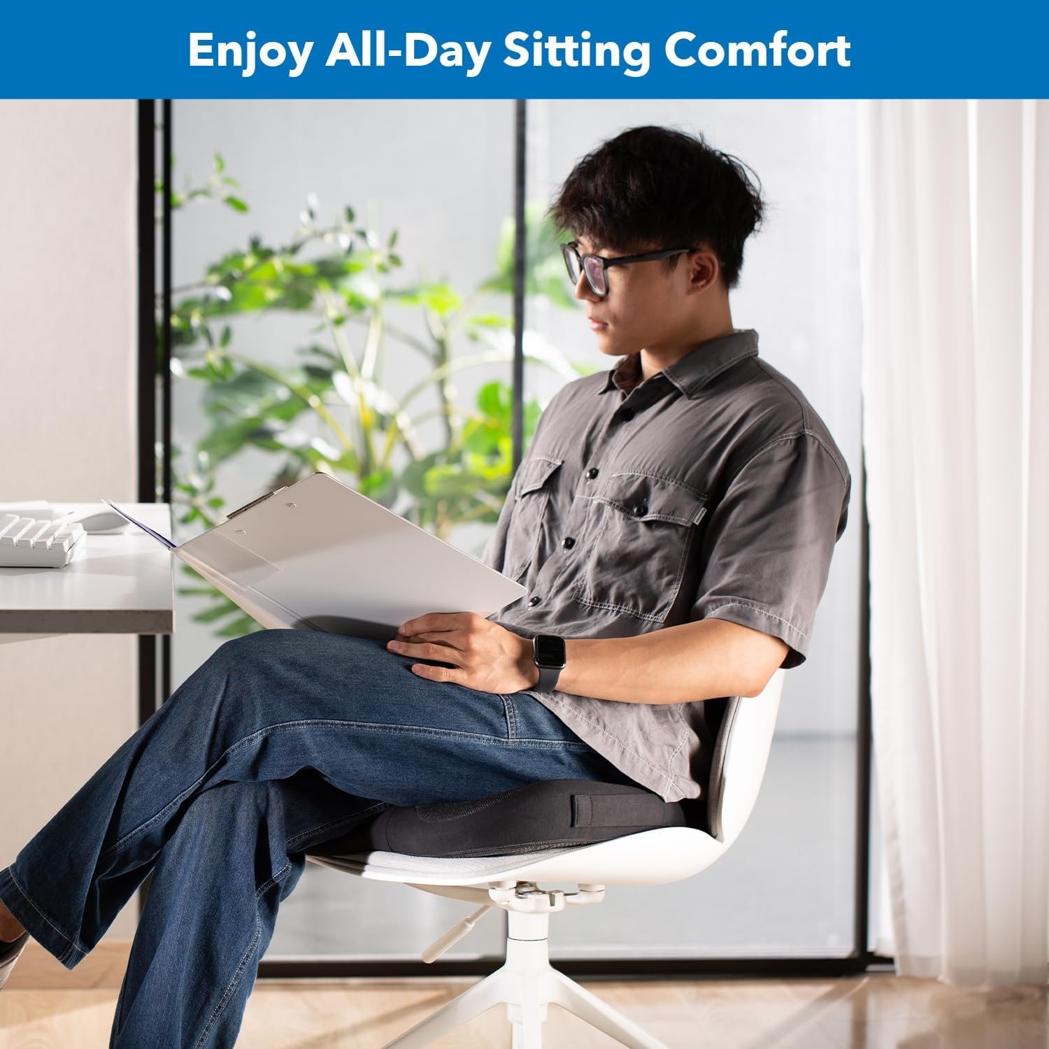 image:imageMountIt Office Seat Cushion Premium Lumbar Support Memory Foam Gel Filling Ergonomic Comfort Chair Use in Car at Desk Home Back Hip Sciatica Cushions Washable Cover in Black185
