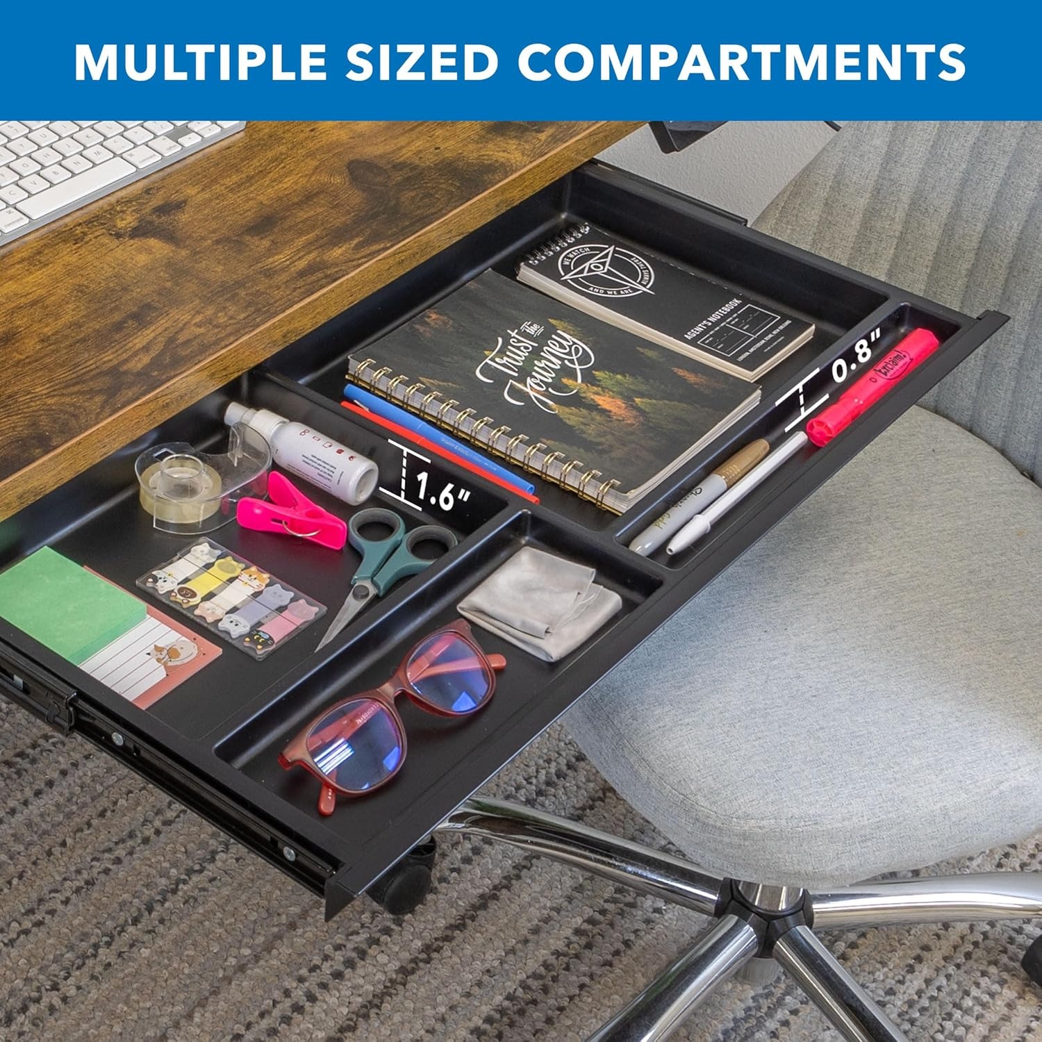 image:imageMountIt Under Desk Drawer with 4 Compartments Deep LowProfile SlideOut Storage Organizer 258 x 125 x 16 Smooth Glide PullOut Tray for Traditional amp Single Motor Standing Desks WhiteBlack