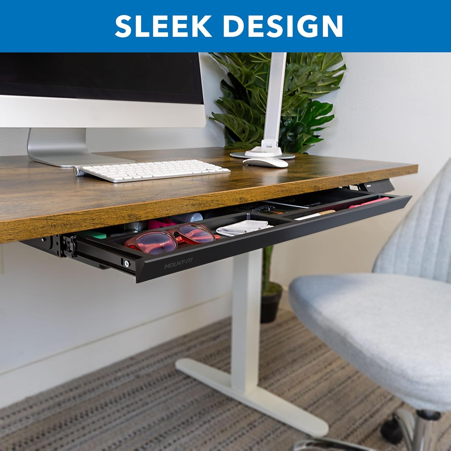 image:imageMountIt Under Desk Drawer with 4 Compartments Deep LowProfile SlideOut Storage Organizer 258 x 125 x 16 Smooth Glide PullOut Tray for Traditional amp Single Motor Standing Desks WhiteBlack