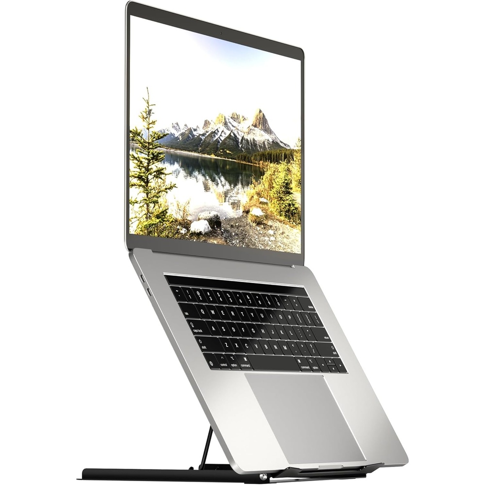 image:imageMountIt Laptop Stand for Desk Adjustable Height Steel Laptop Riser for 1015 Inch Laptops amp Tablets Foldable Portable Laptop Stand with Ventilated Cooling Design Ergonomic Computer Stand Black
