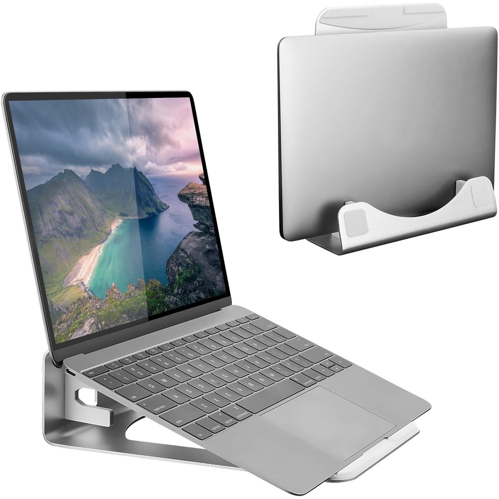 image:imageMountIt Vertical Laptop Stand for Desk 2in1 Aluminum Laptop Holder amp Angled Riser for 1115 Inch Laptops SpaceSaving Laptop Dock for External Monitor Setup Silver