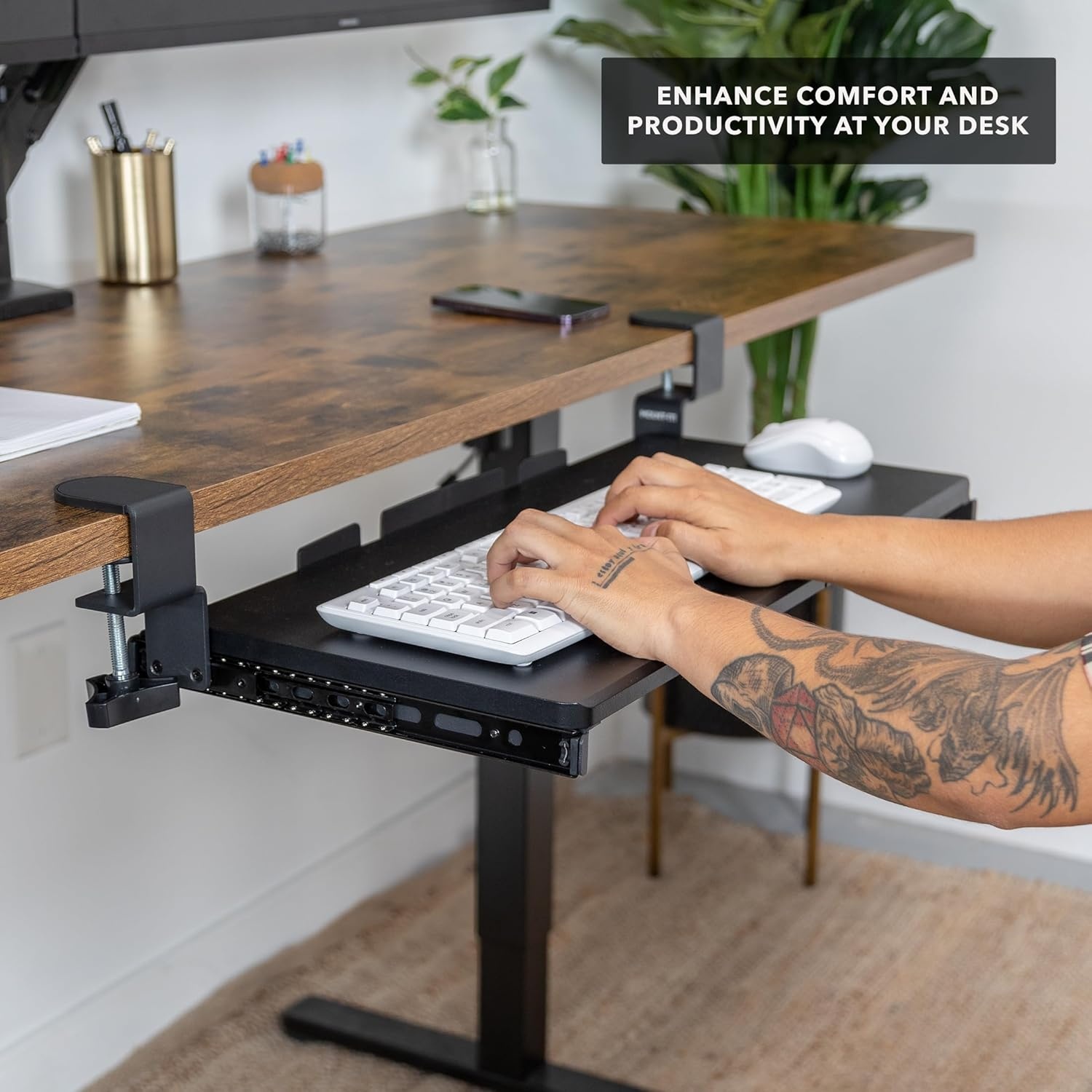 image:imageMountIt 24 ClampOn Under Desk Keyboard Tray SlideOut Keyboard Drawer for Desk Ergonomic PullOut Platform with Smooth Gliding Tracks NoDrill CClamp Mount Under Desk Keyboard Holder24 x 11