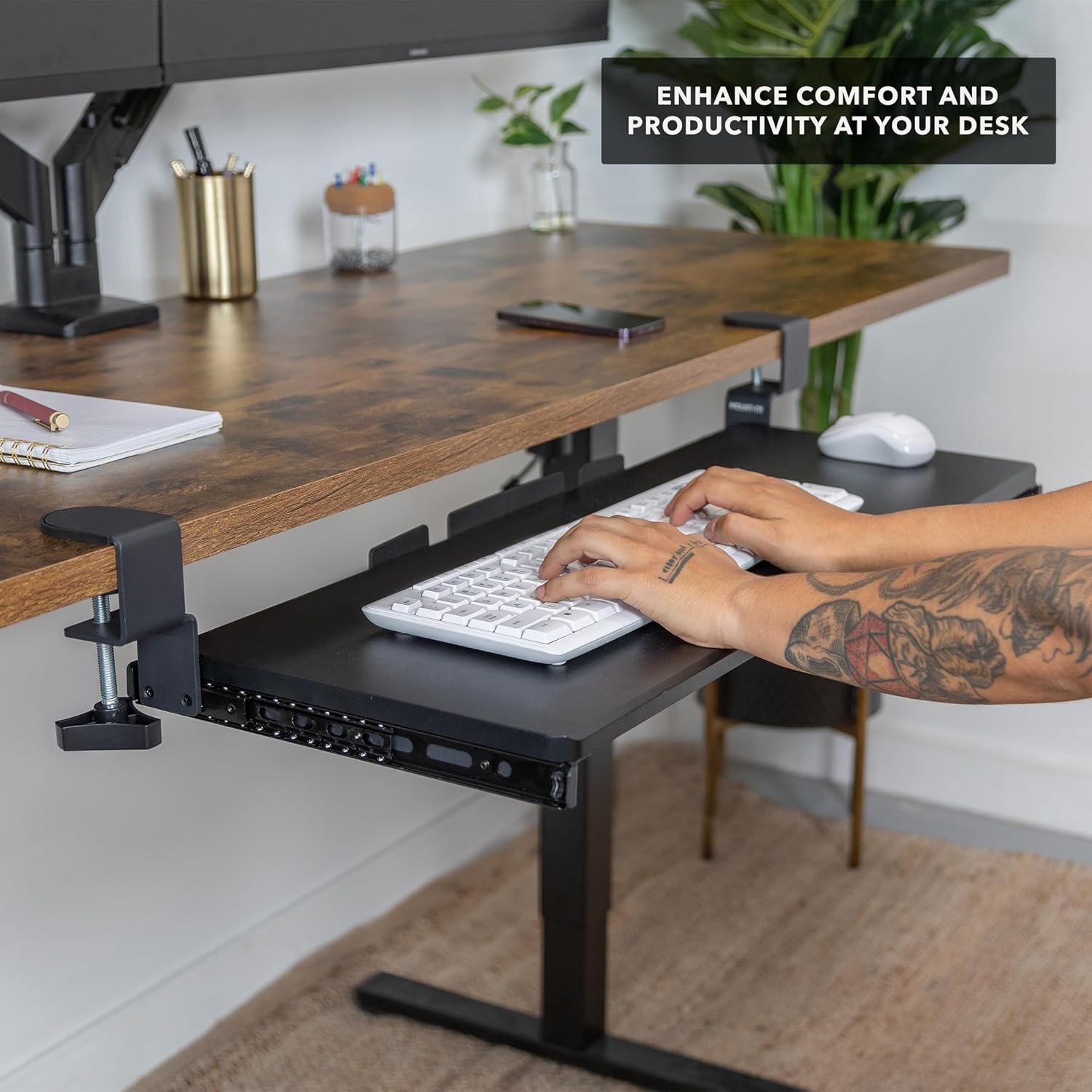 image:imageMountIt 24 ClampOn Under Desk Keyboard Tray SlideOut Keyboard Drawer for Desk Ergonomic PullOut Platform with Smooth Gliding Tracks NoDrill CClamp Mount Under Desk Keyboard Holder30 x 11