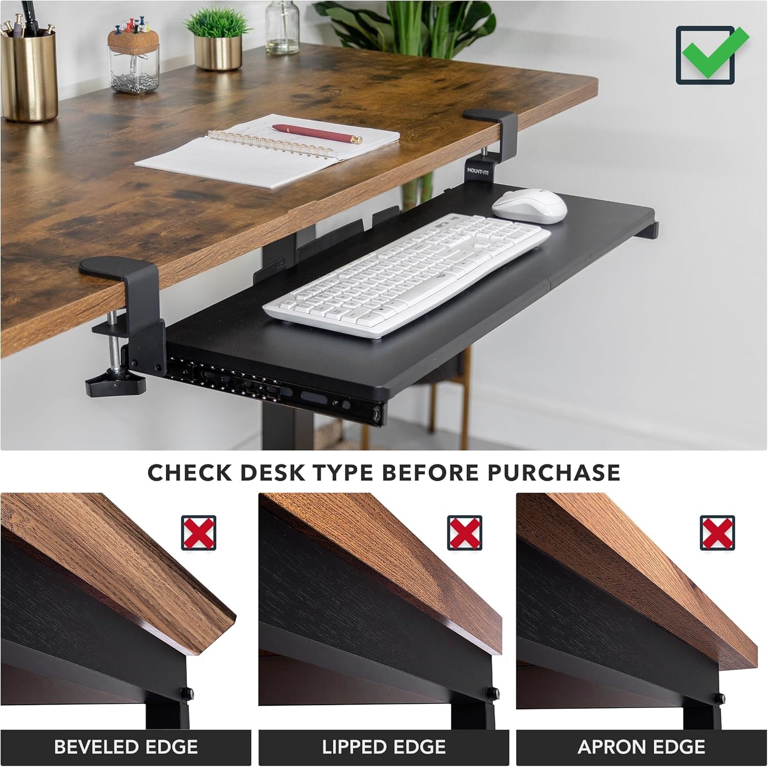 image:imageMountIt 24 ClampOn Under Desk Keyboard Tray SlideOut Keyboard Drawer for Desk Ergonomic PullOut Platform with Smooth Gliding Tracks NoDrill CClamp Mount Under Desk Keyboard Holder30 x 11