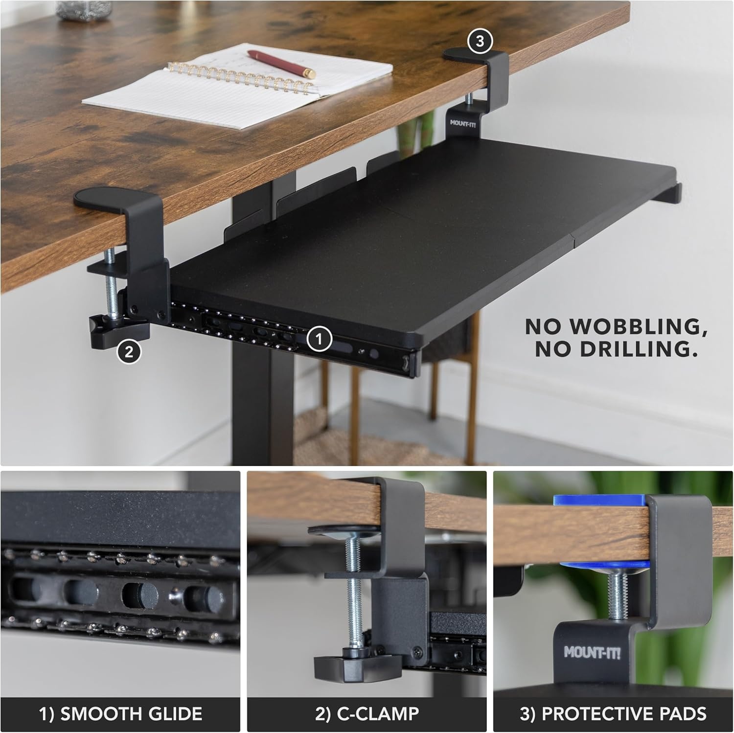 image:imageMountIt 24 ClampOn Under Desk Keyboard Tray SlideOut Keyboard Drawer for Desk Ergonomic PullOut Platform with Smooth Gliding Tracks NoDrill CClamp Mount Under Desk Keyboard Holder24 x 11