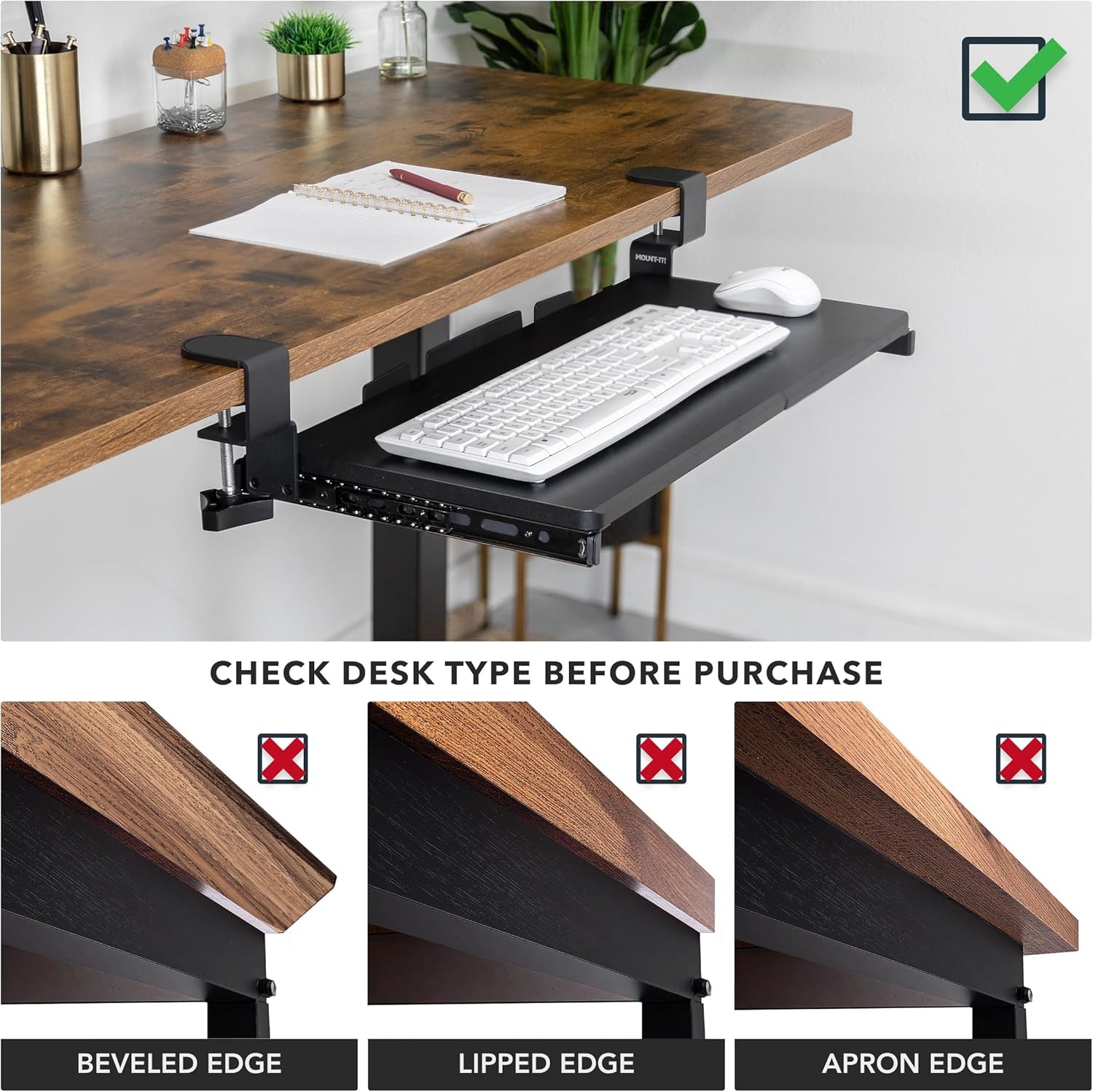 image:imageMountIt 24 ClampOn Under Desk Keyboard Tray SlideOut Keyboard Drawer for Desk Ergonomic PullOut Platform with Smooth Gliding Tracks NoDrill CClamp Mount Under Desk Keyboard Holder24 x 11