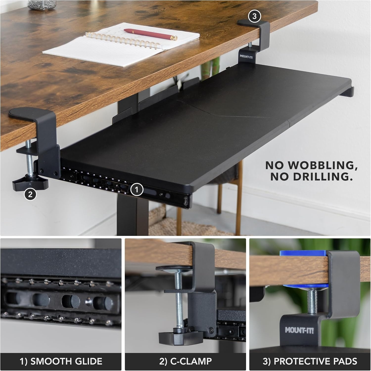 image:imageMountIt 24 ClampOn Under Desk Keyboard Tray SlideOut Keyboard Drawer for Desk Ergonomic PullOut Platform with Smooth Gliding Tracks NoDrill CClamp Mount Under Desk Keyboard Holder30 x 11