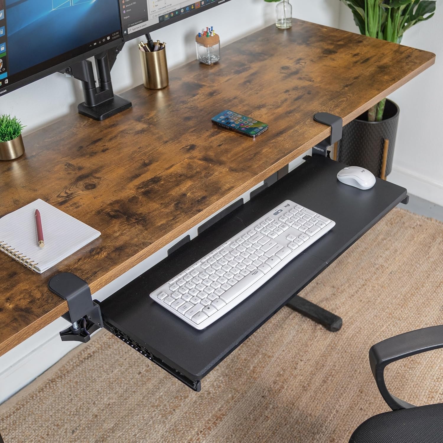 image:imageMountIt 24 ClampOn Under Desk Keyboard Tray SlideOut Keyboard Drawer for Desk Ergonomic PullOut Platform with Smooth Gliding Tracks NoDrill CClamp Mount Under Desk Keyboard Holder30 x 11