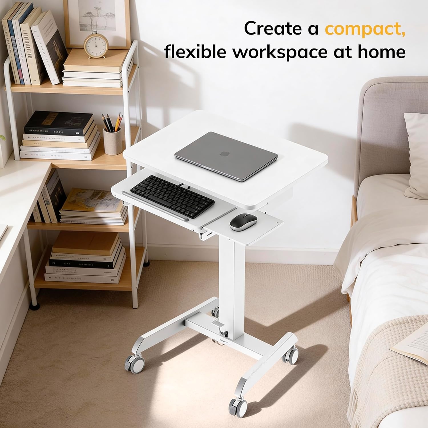 image:imageMountIt Adjustable Rolling Laptop Desk Mobile Standing Desk with Wheels Small SitStand Computer Cart for Home Office or Classroom 296442 Height 236x205 Desktop WhiteWhite